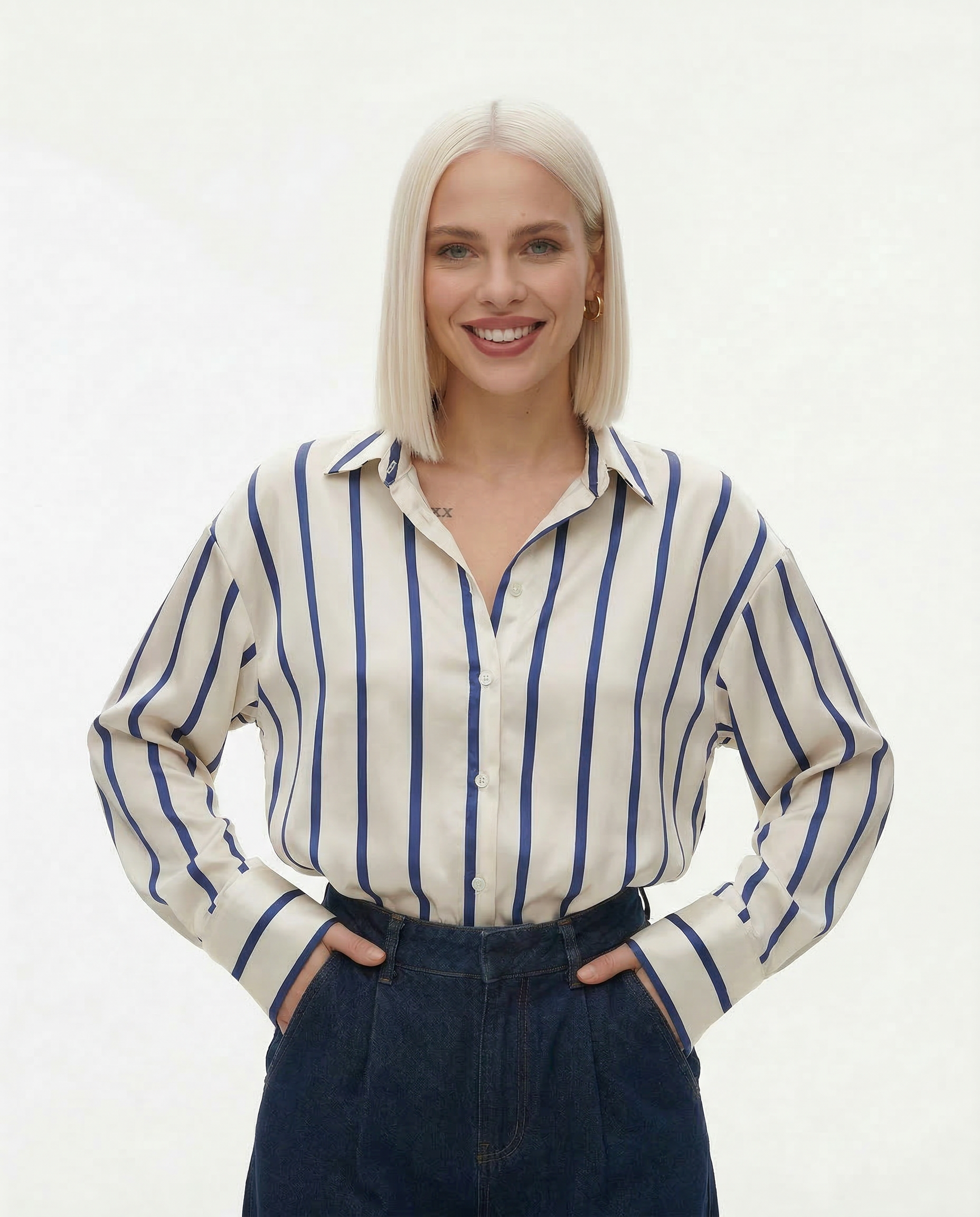 Vivienne | Satin Stripe Oversized Button Front Shirt - View 4