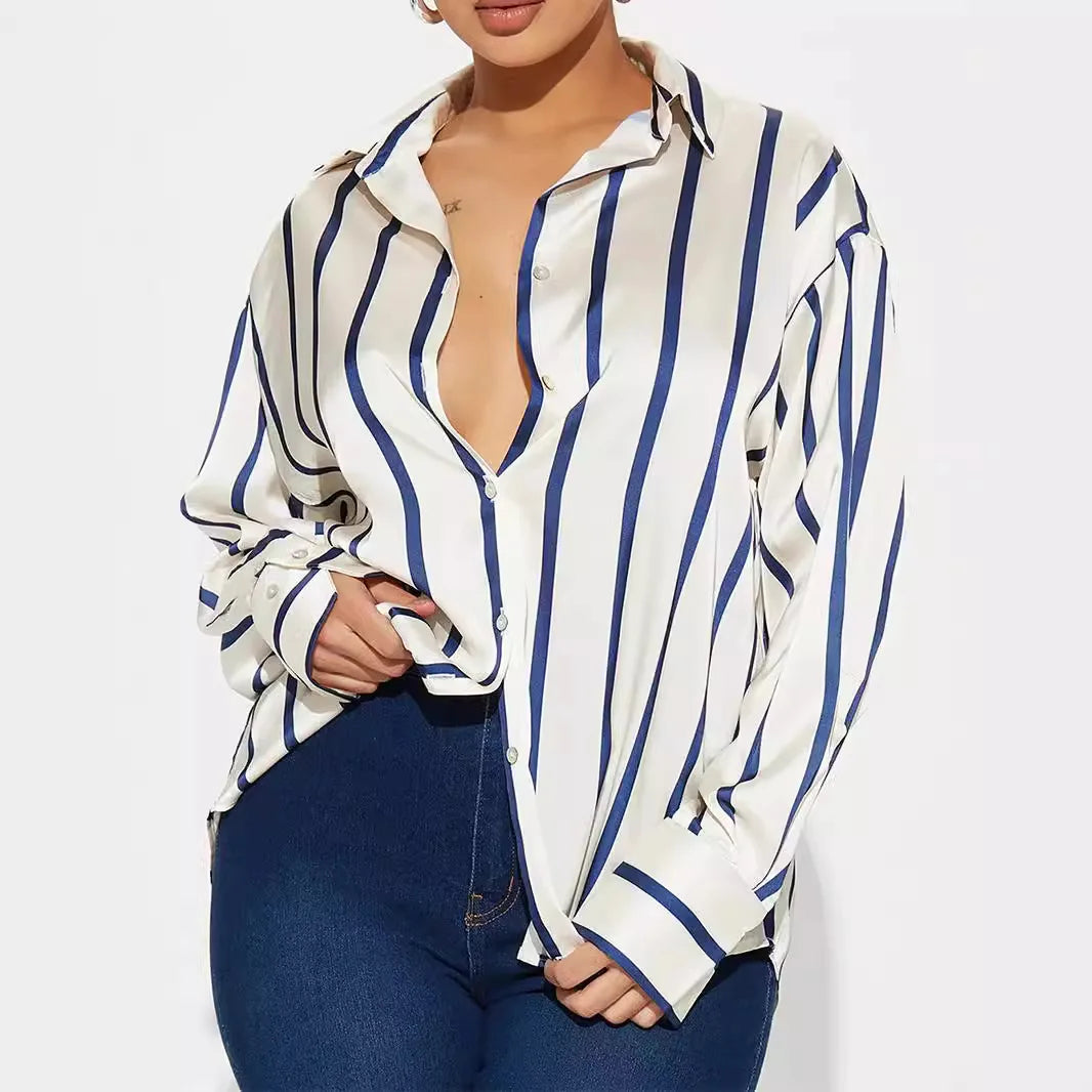 Vivienne | Satin Stripe Oversized Button Front Shirt - View 5
