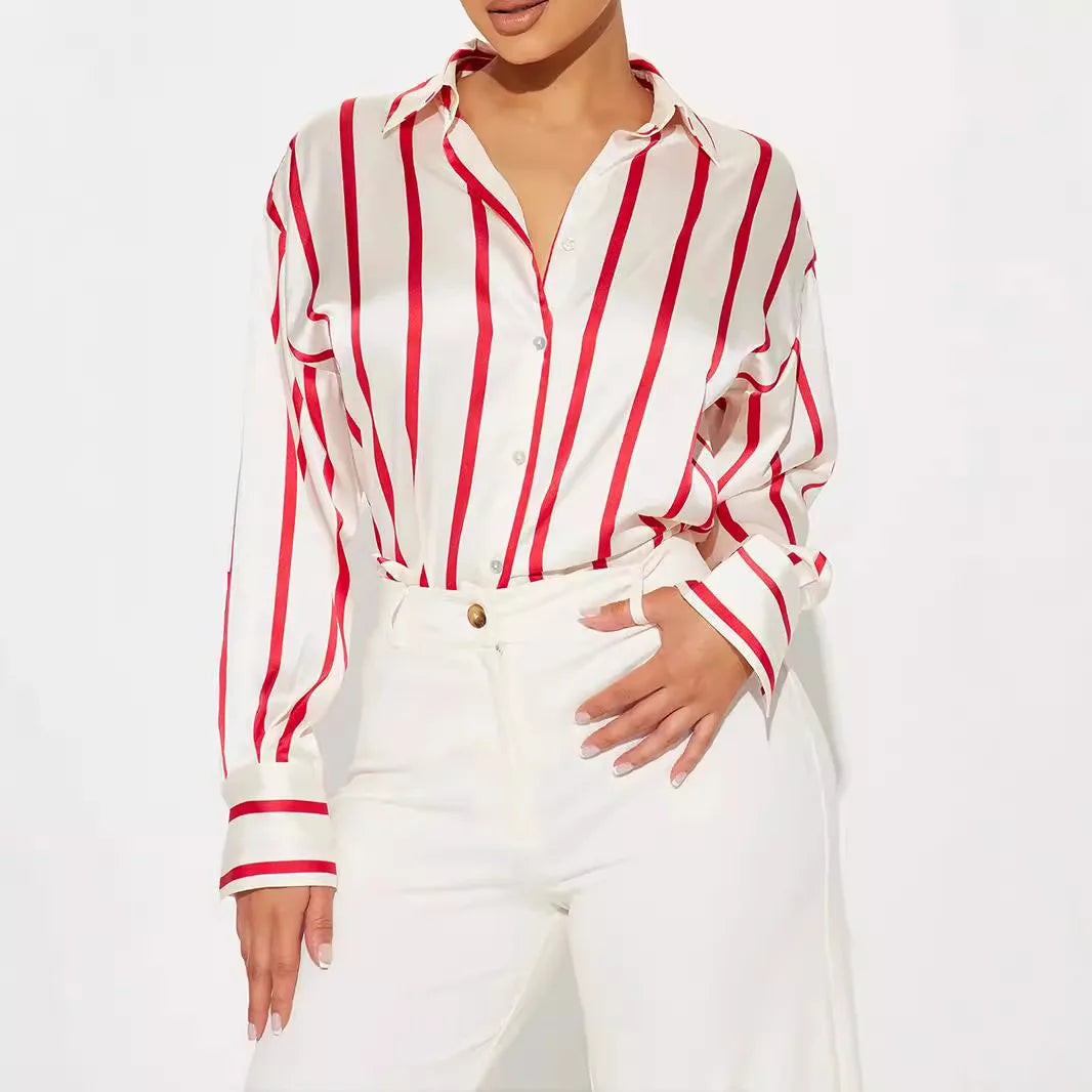 Vivienne | Satin Stripe Oversized Button Front Shirt - View 6