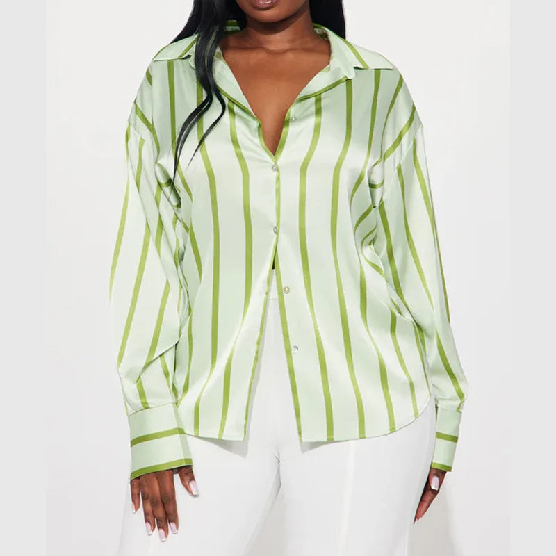 Vivienne | Satin Stripe Oversized Button Front Shirt - View 8