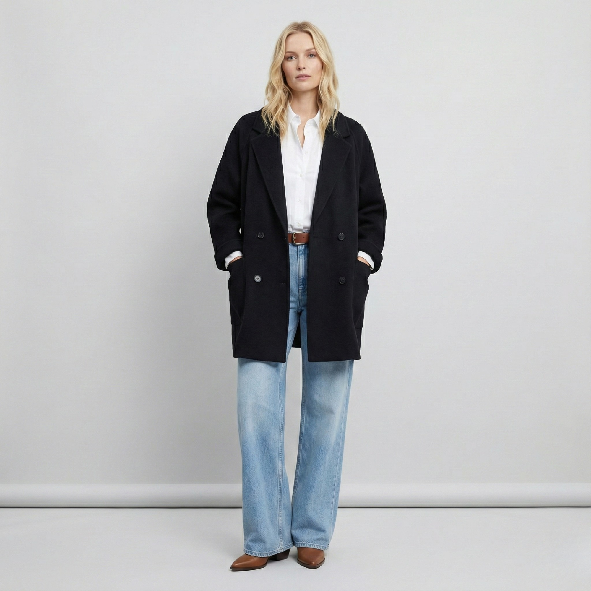 Wilhelmina | Oversized Double Breasted Wool Herringbone Coat - View 13
