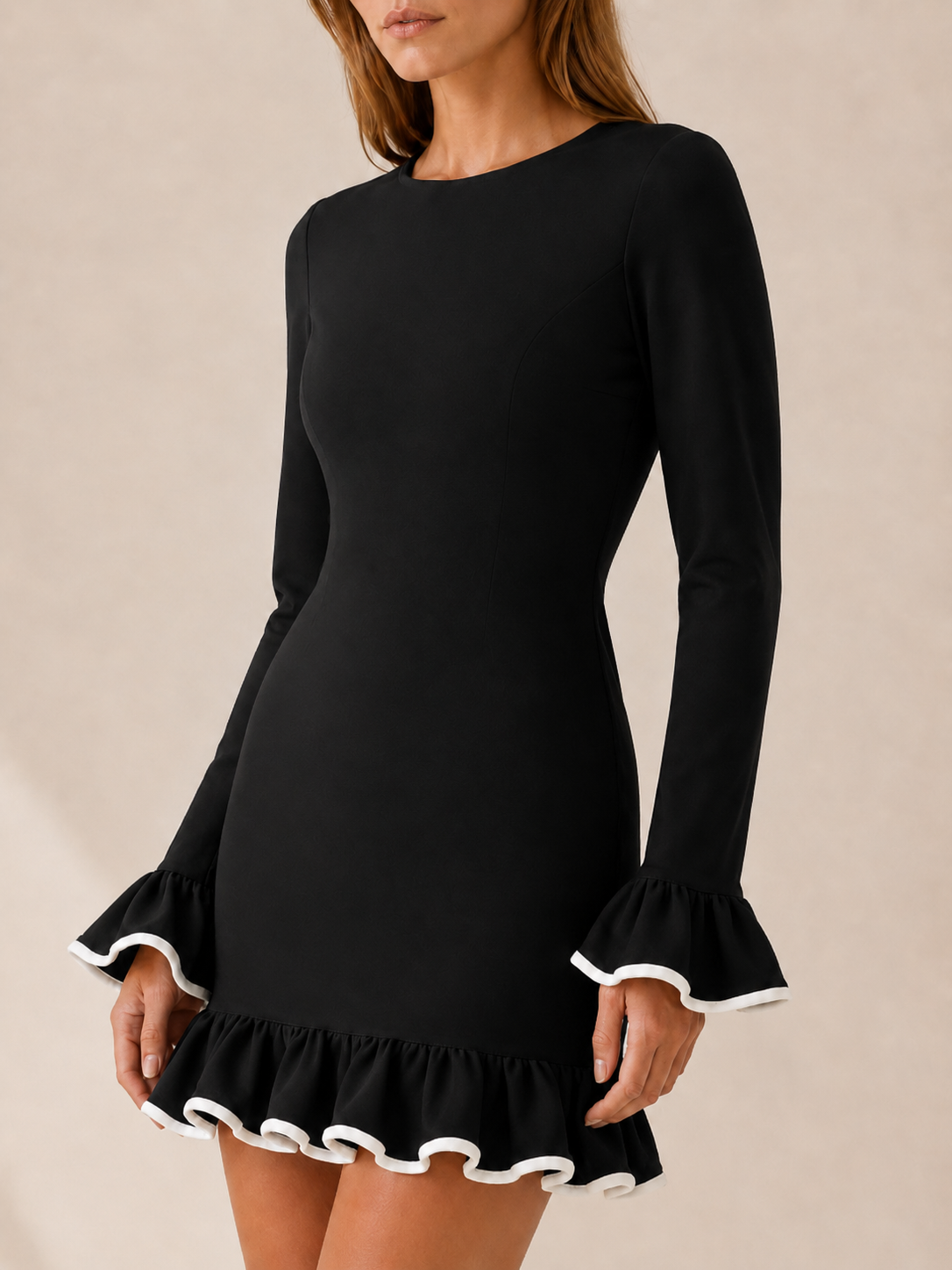 Wilma | Contrast Piped Ruffle Hem Long Sleeve Mini Dress - View 4