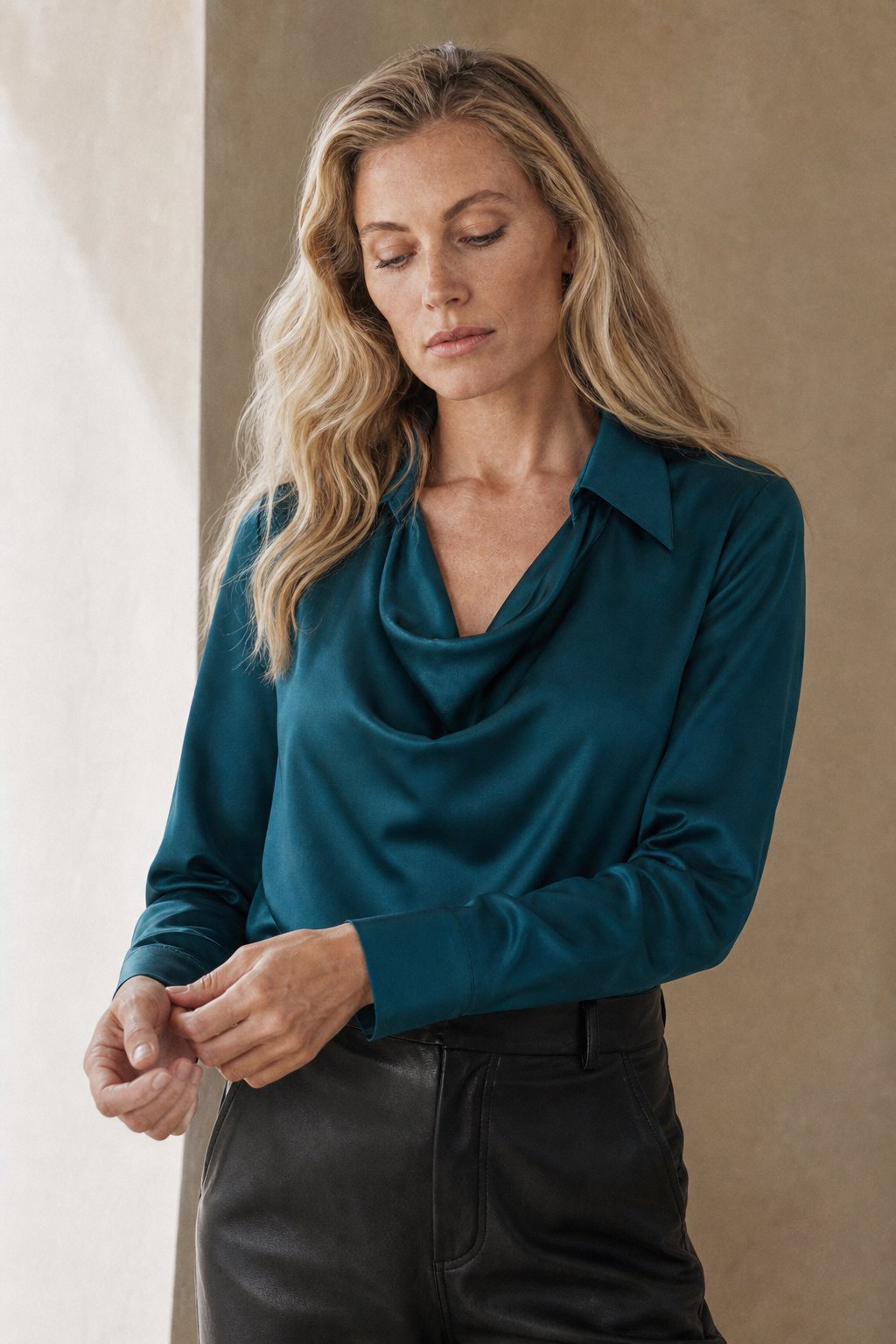 Winifred | Draped V Neck Collared Long Sleeve Silk Shirt