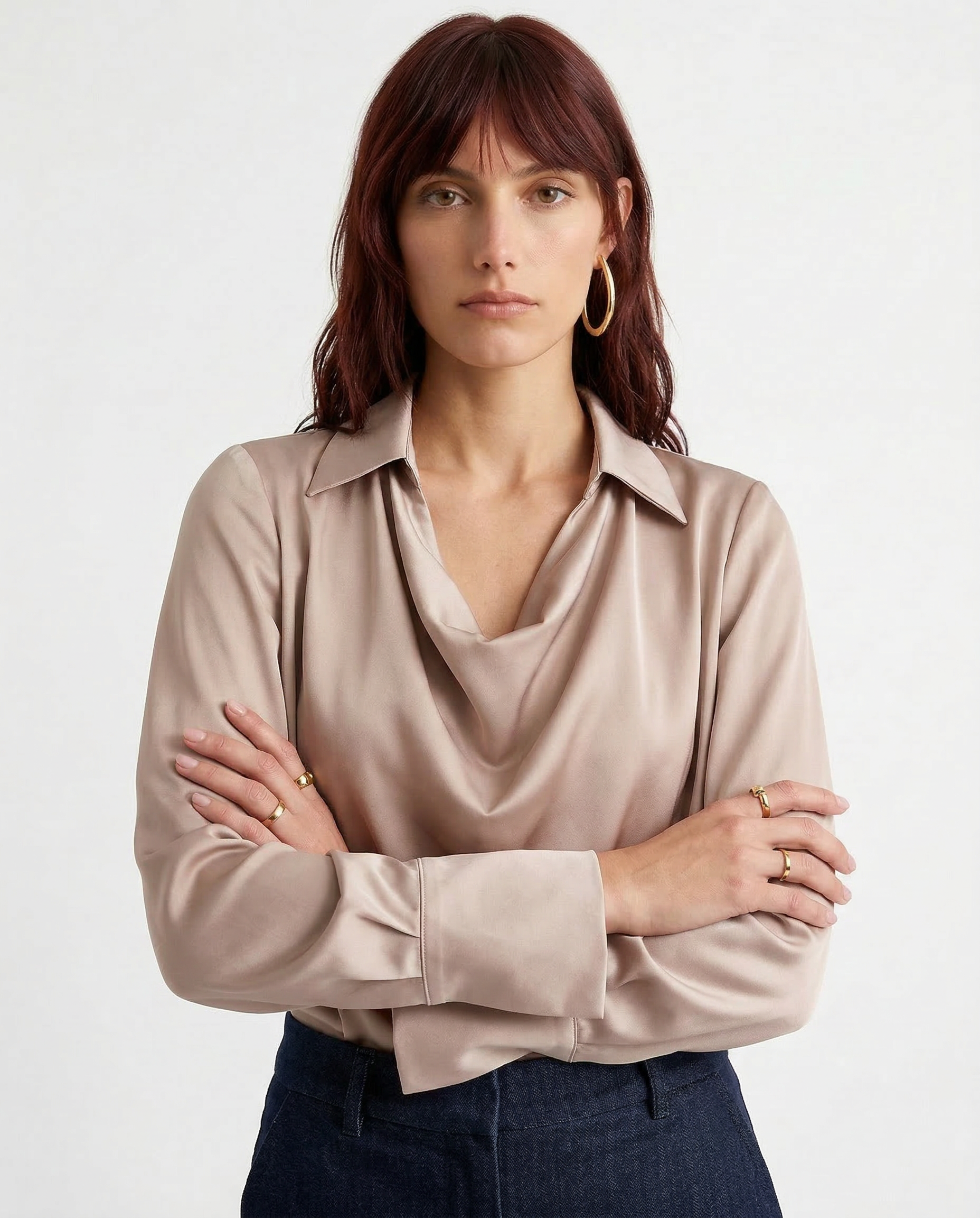 Winifred | Draped V Neck Collared Long Sleeve Silk Shirt - View 12