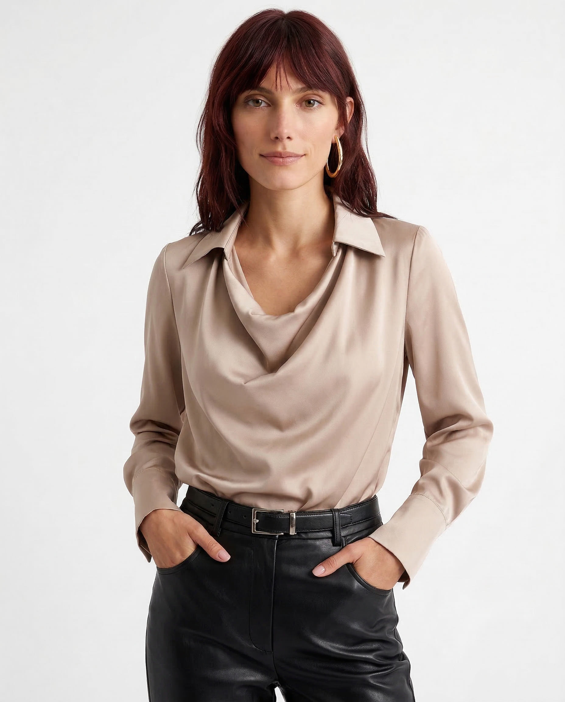 Winifred | Draped V Neck Collared Long Sleeve Silk Shirt - View 13