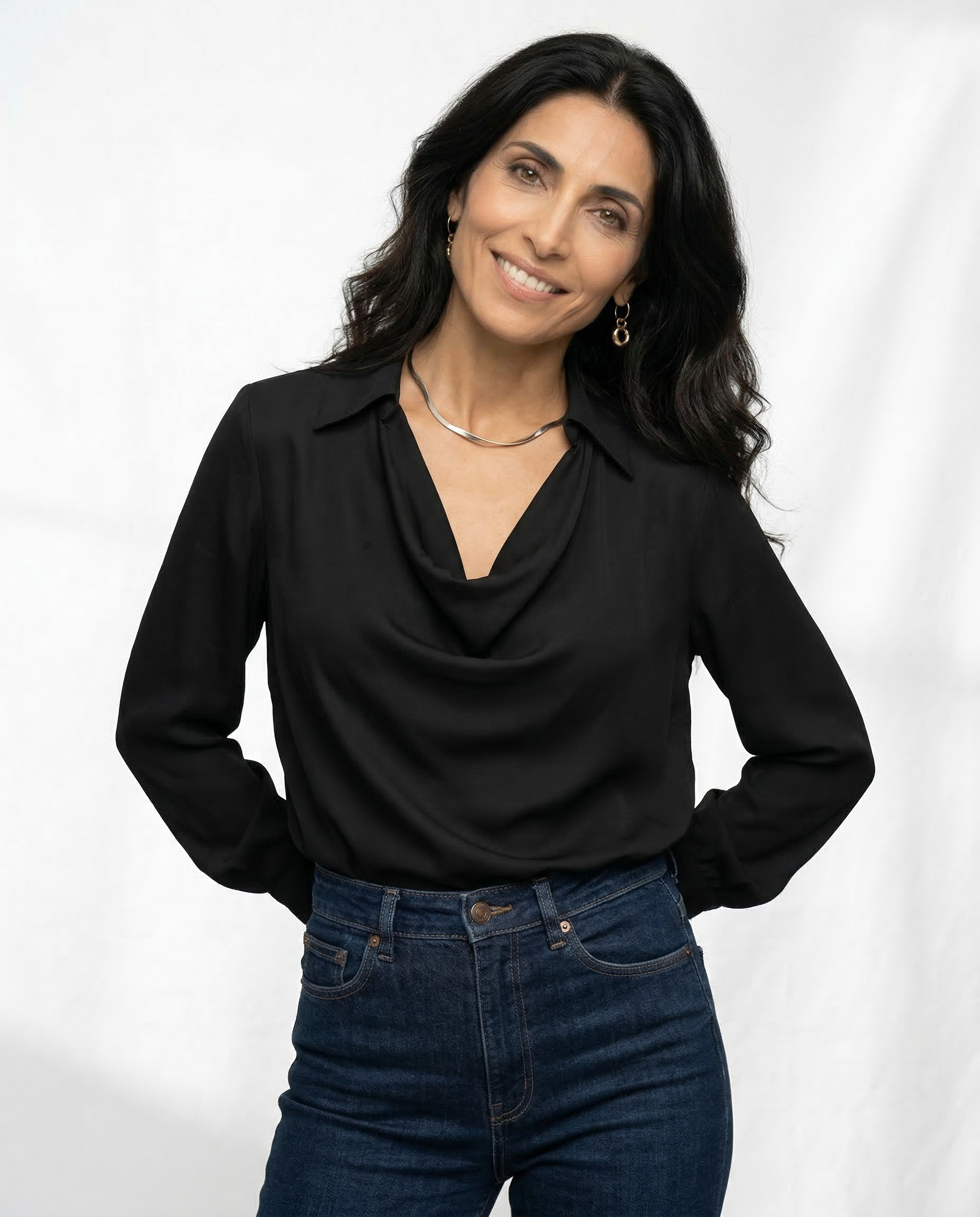Winifred | Draped V Neck Collared Long Sleeve Silk Shirt - View 14