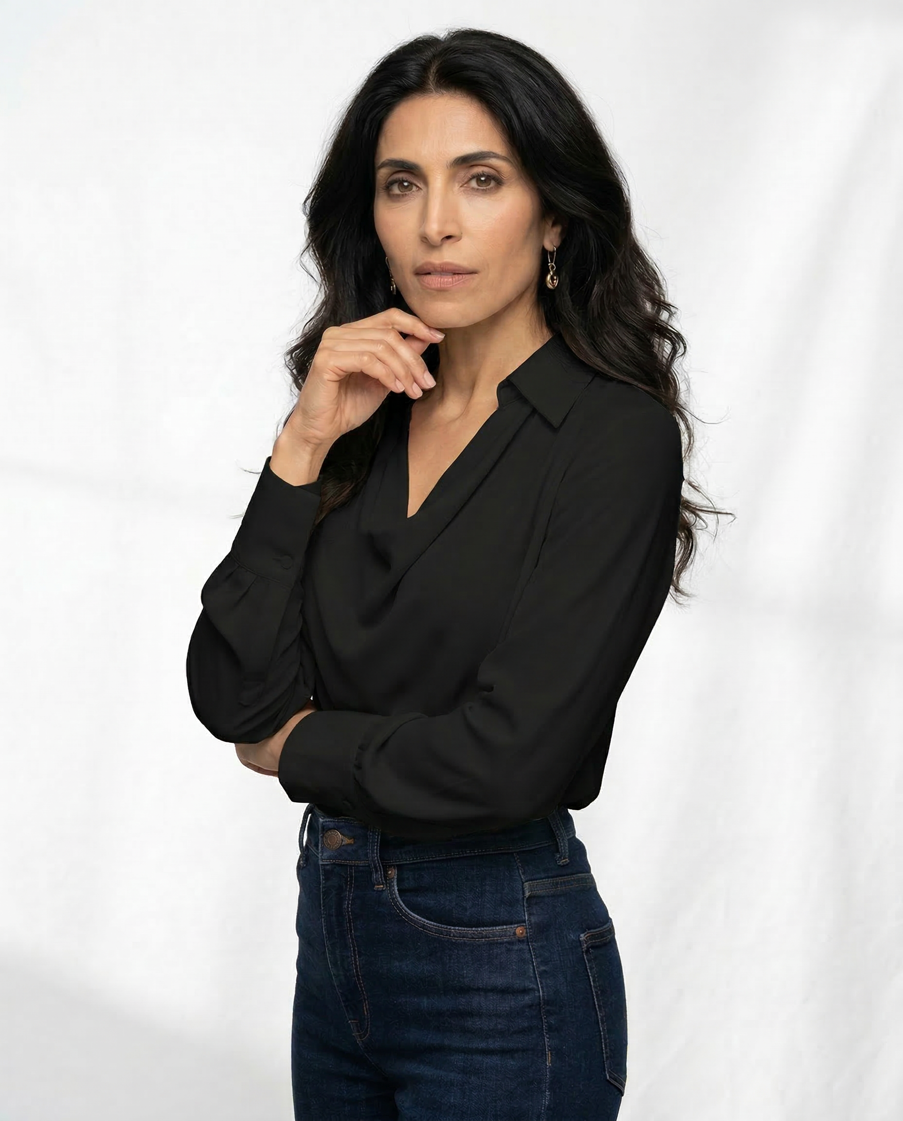 Winifred | Draped V Neck Collared Long Sleeve Silk Shirt - View 15