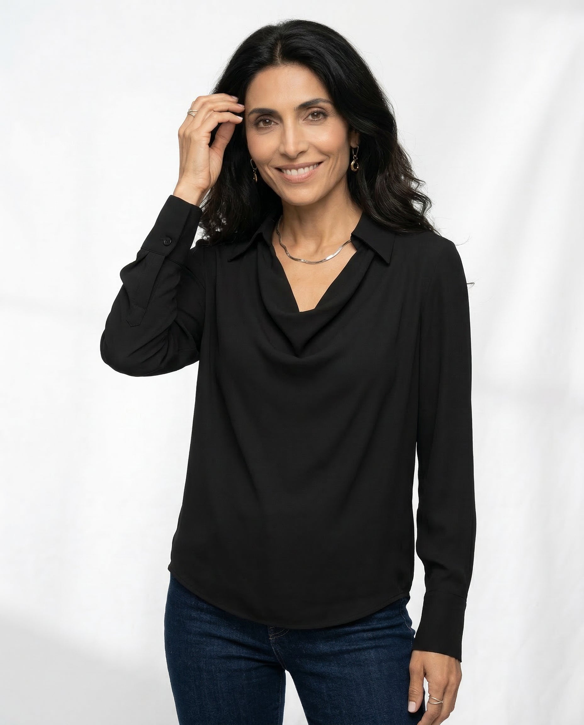 Winifred | Draped V Neck Collared Long Sleeve Silk Shirt - View 16