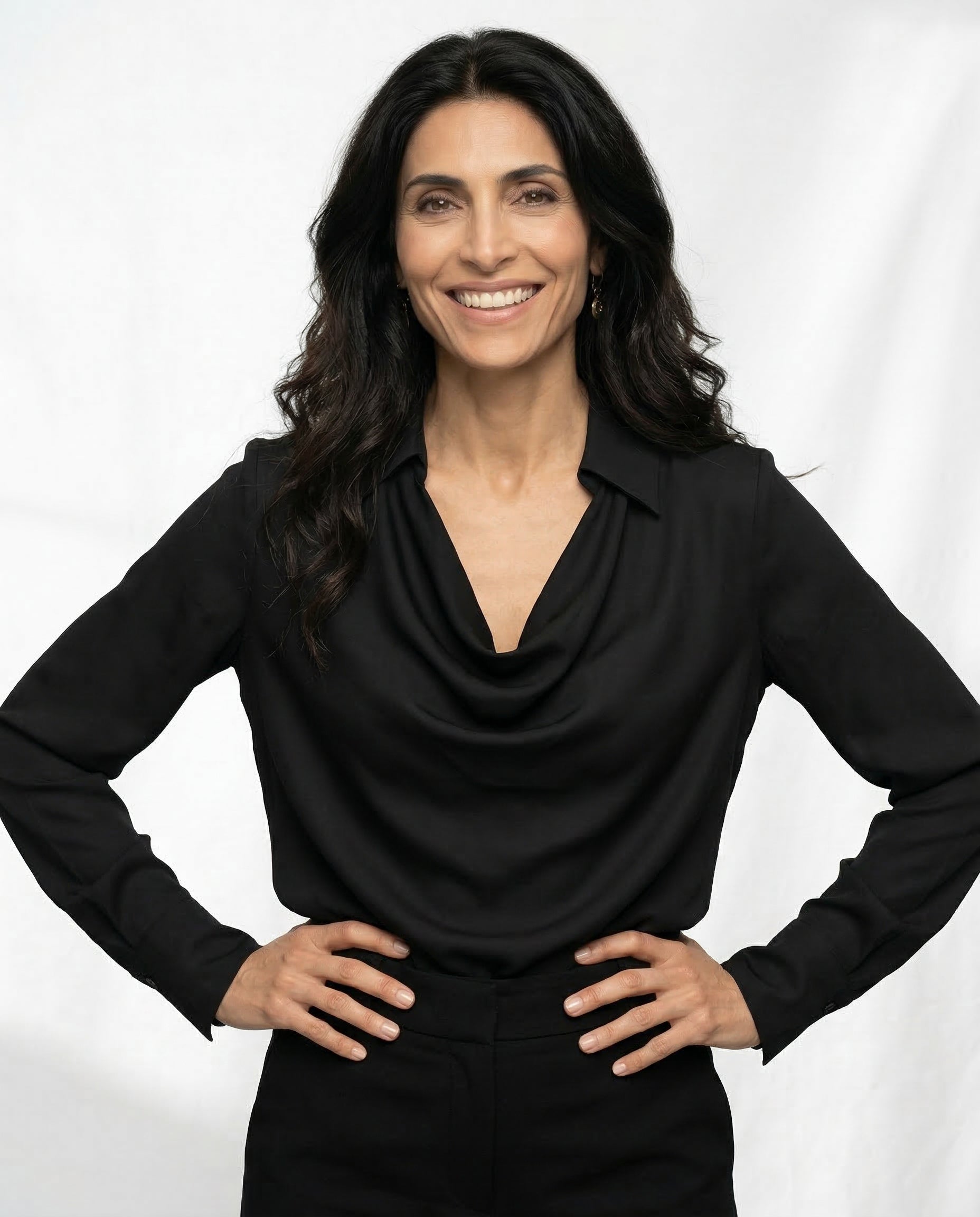 Winifred | Draped V Neck Collared Long Sleeve Silk Shirt - View 17