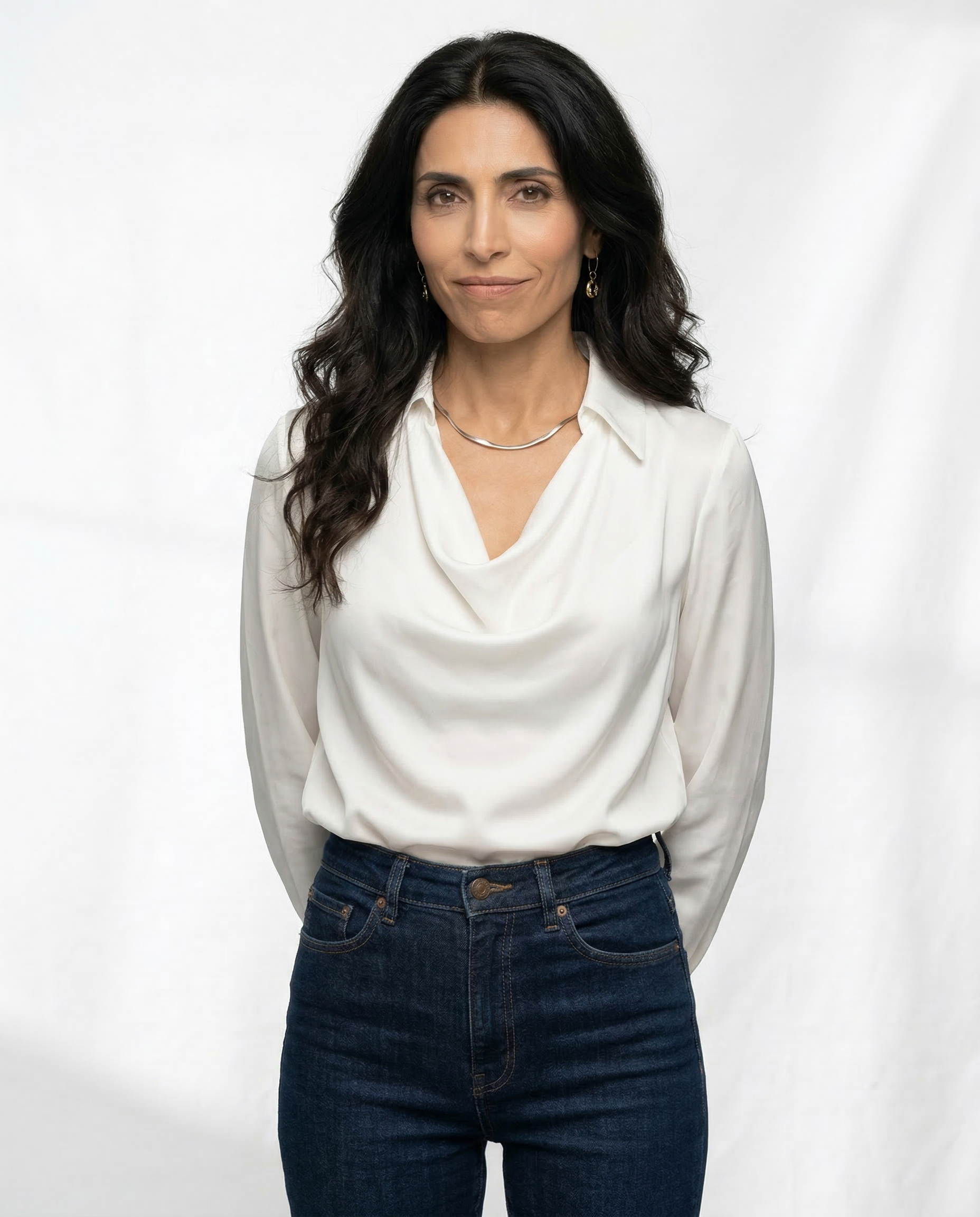 Winifred | Draped V Neck Collared Long Sleeve Silk Shirt - View 18