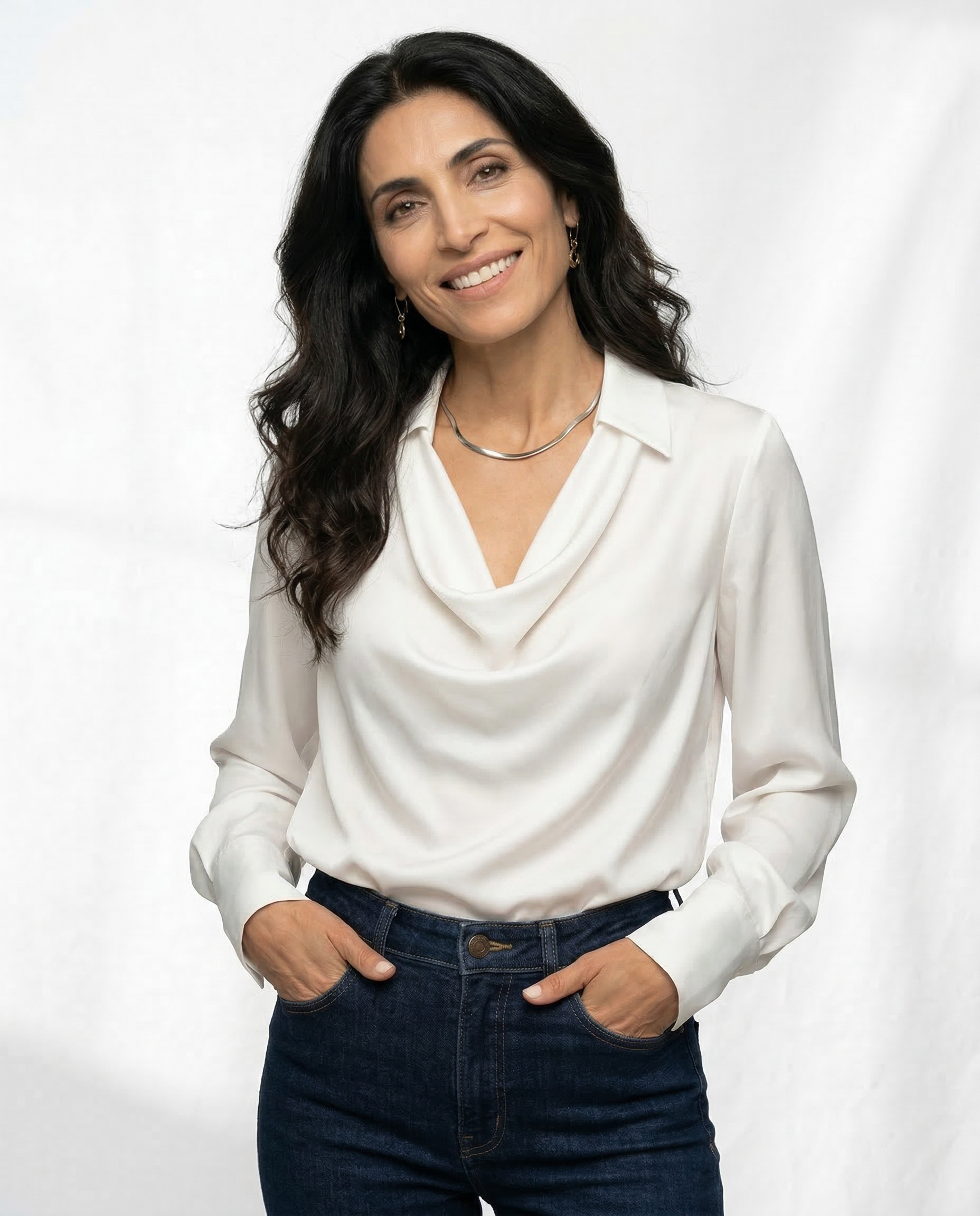 Winifred | Draped V Neck Collared Long Sleeve Silk Shirt - View 19