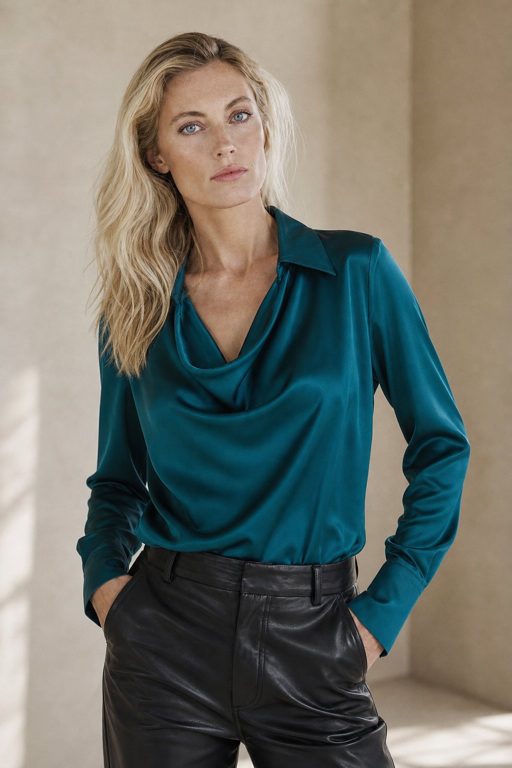 Winifred | Draped V Neck Collared Long Sleeve Silk Shirt - View 2