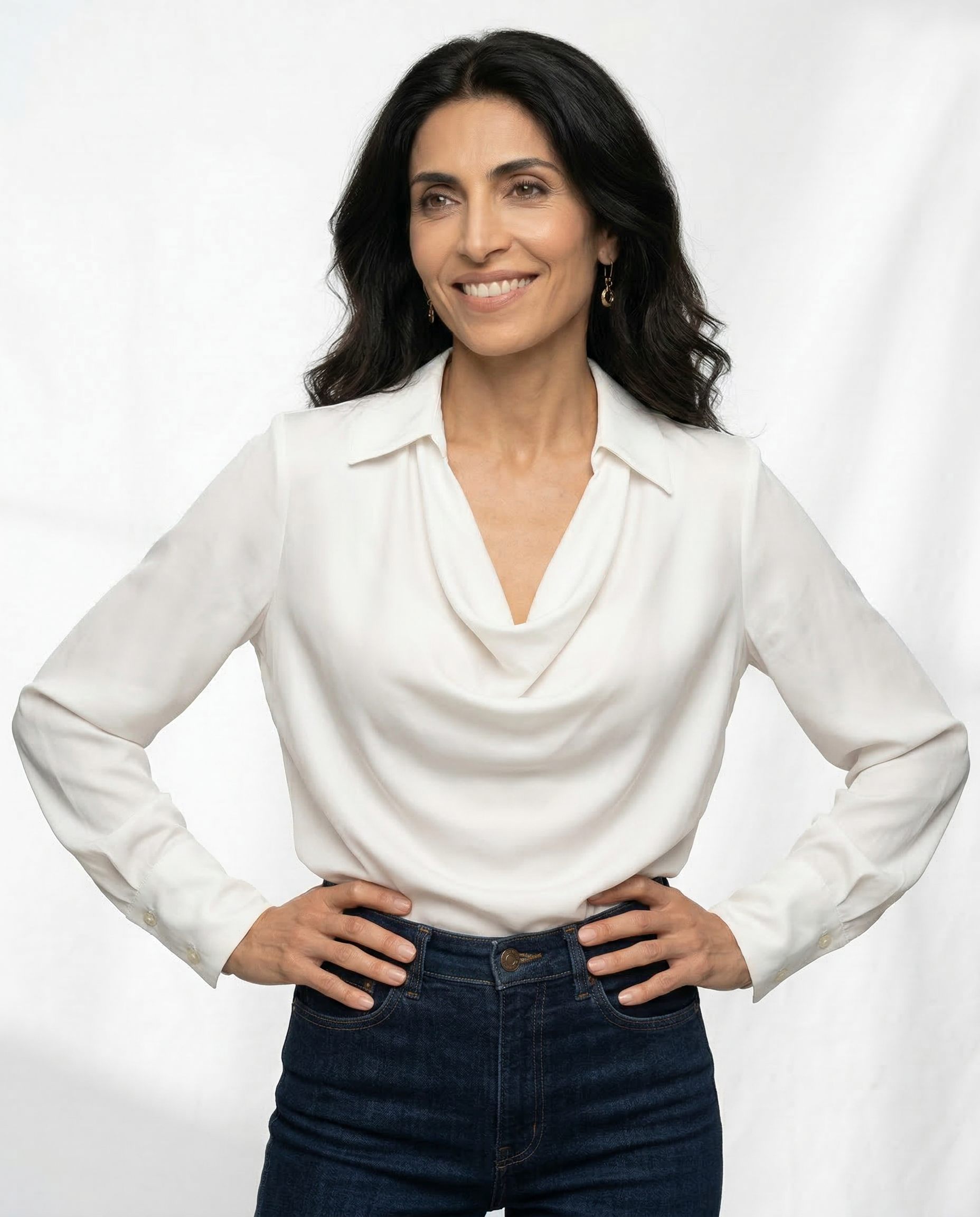 Winifred | Draped V Neck Collared Long Sleeve Silk Shirt - View 20