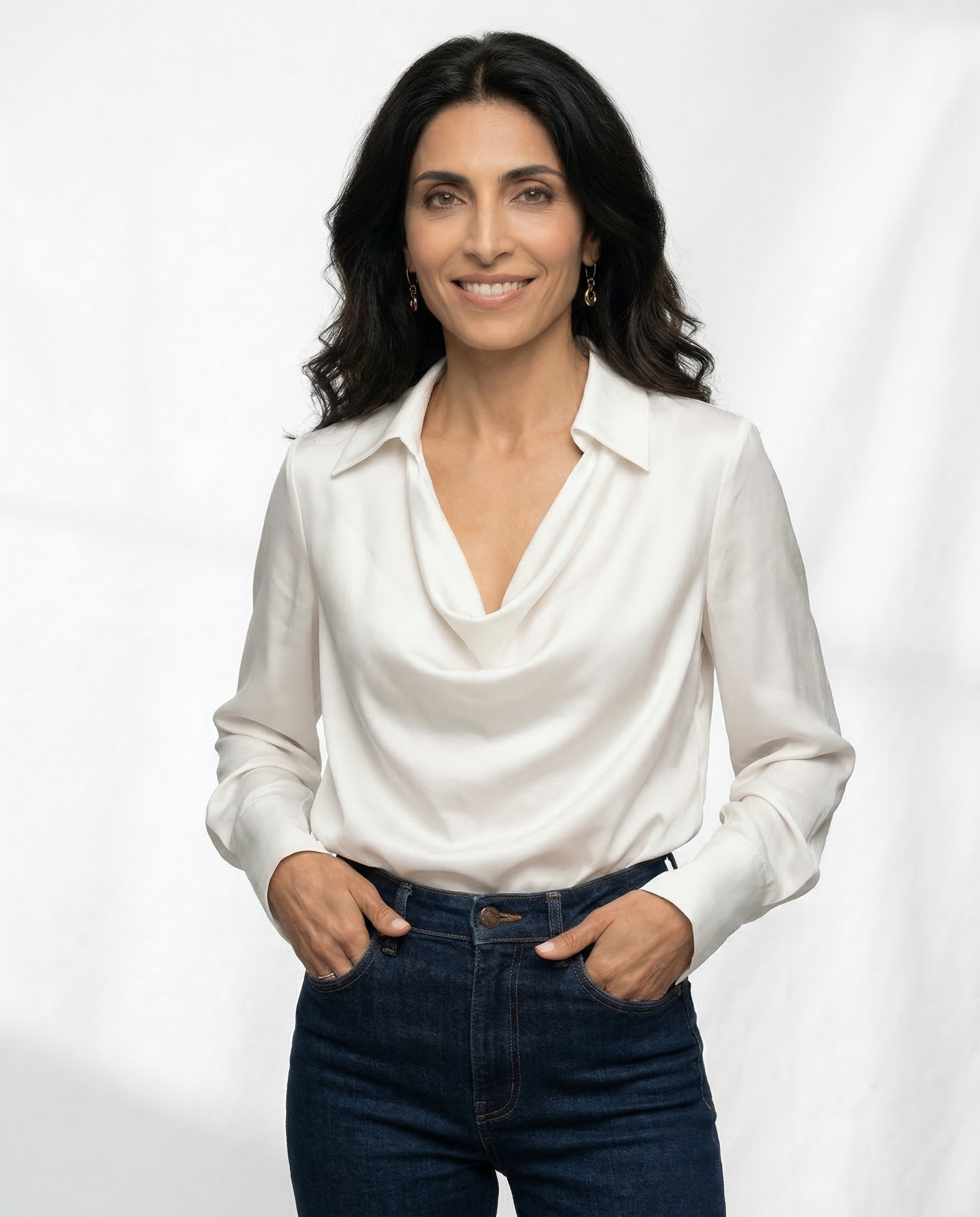 Winifred | Draped V Neck Collared Long Sleeve Silk Shirt - View 21