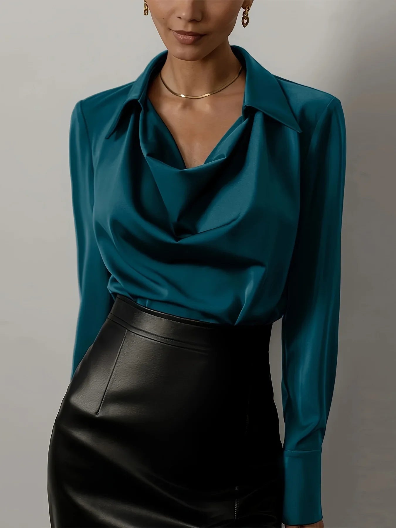 Winifred | Draped V Neck Collared Long Sleeve Silk Shirt - View 22