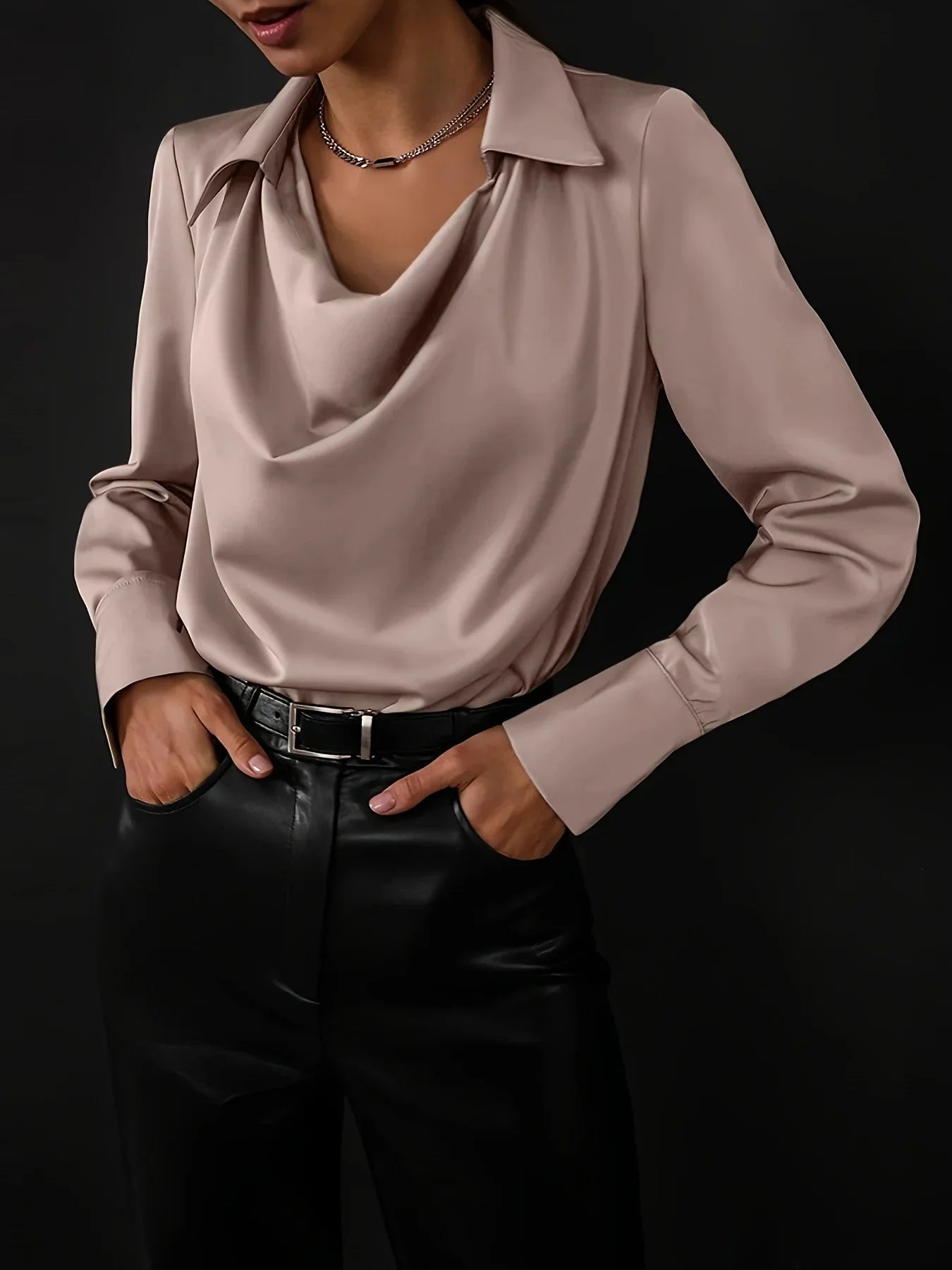 Winifred | Draped V Neck Collared Long Sleeve Silk Shirt - View 23
