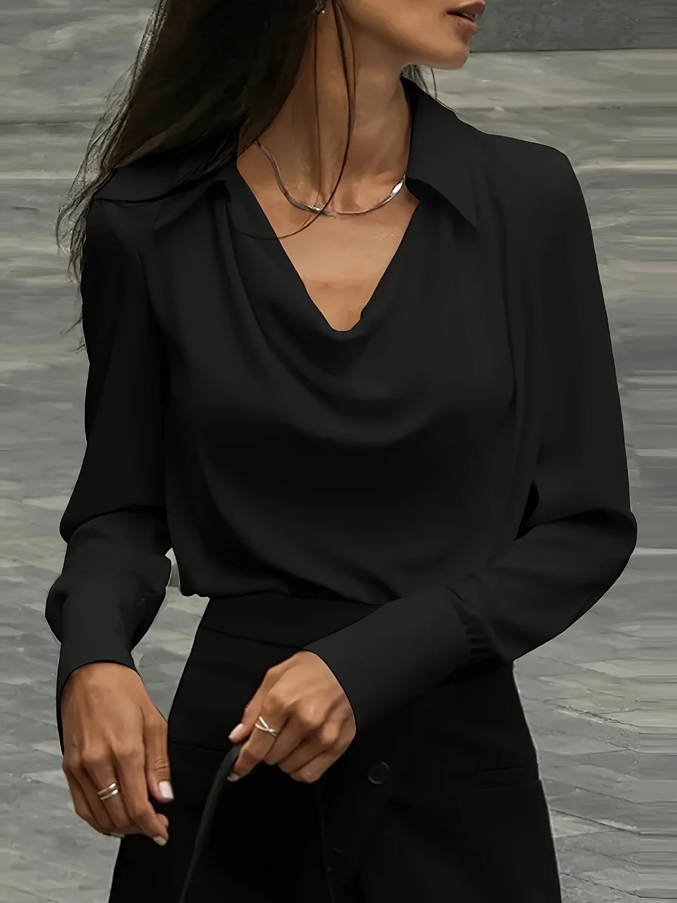 Winifred | Draped V Neck Collared Long Sleeve Silk Shirt - View 24