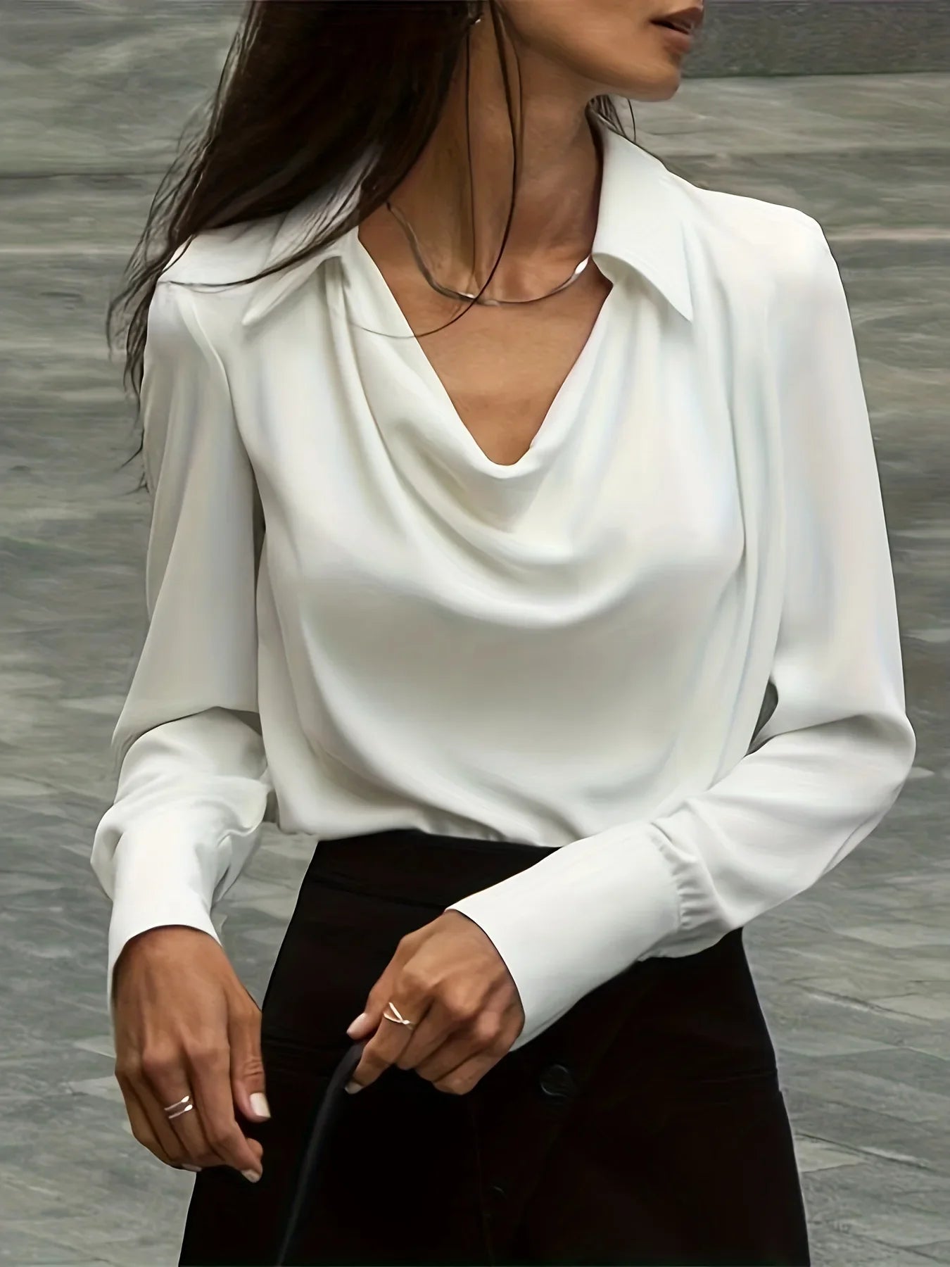 Winifred | Draped V Neck Collared Long Sleeve Silk Shirt - View 25
