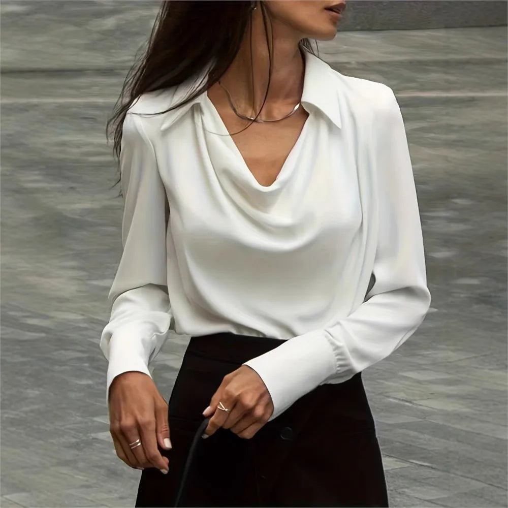 Winifred | Draped V Neck Collared Long Sleeve Silk Shirt - View 26