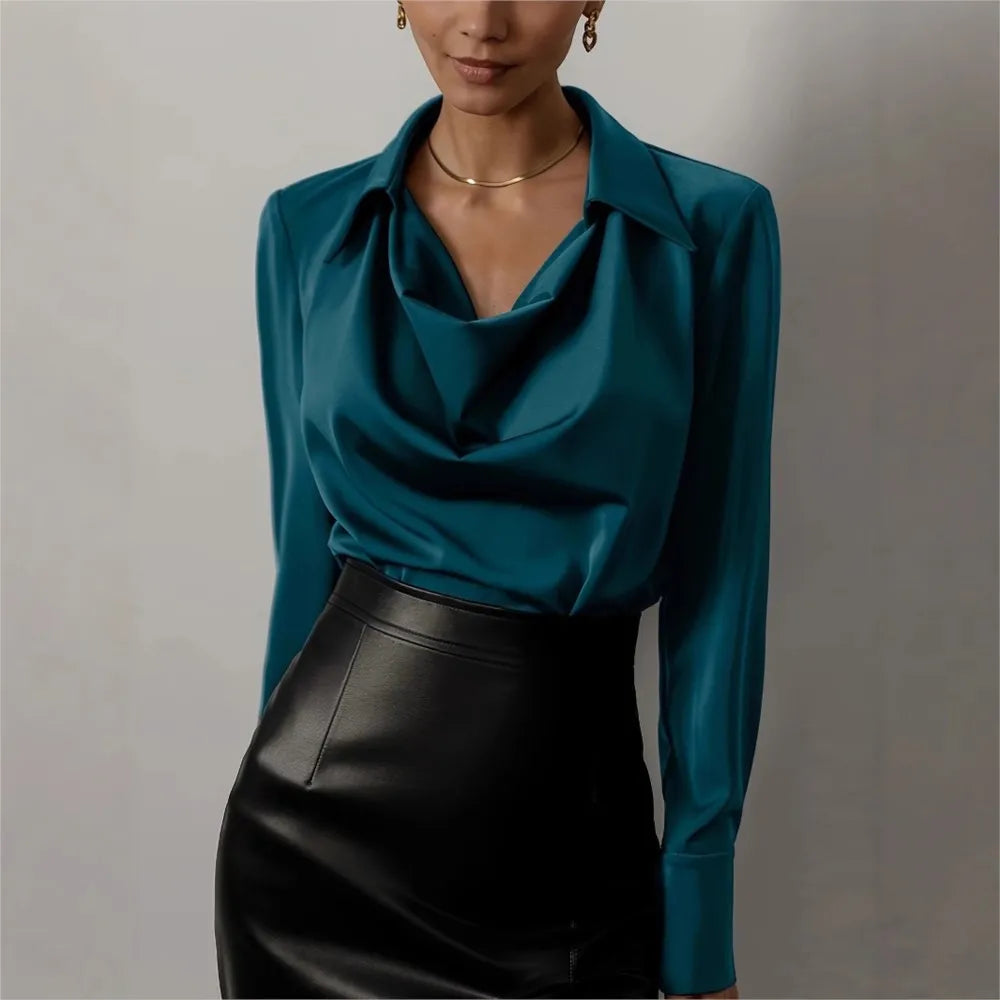 Winifred | Draped V Neck Collared Long Sleeve Silk Shirt - View 27