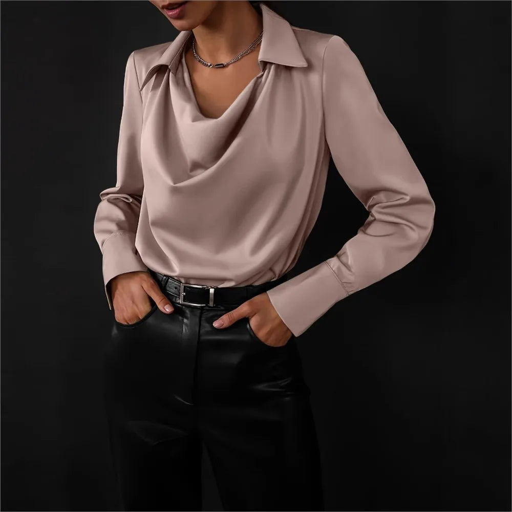 Winifred | Draped V Neck Collared Long Sleeve Silk Shirt - View 28