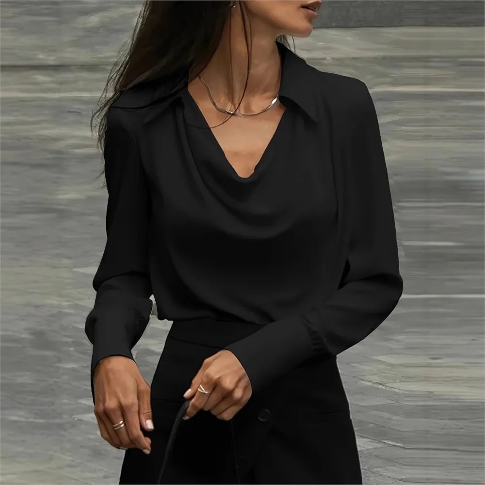 Winifred | Draped V Neck Collared Long Sleeve Silk Shirt - View 29