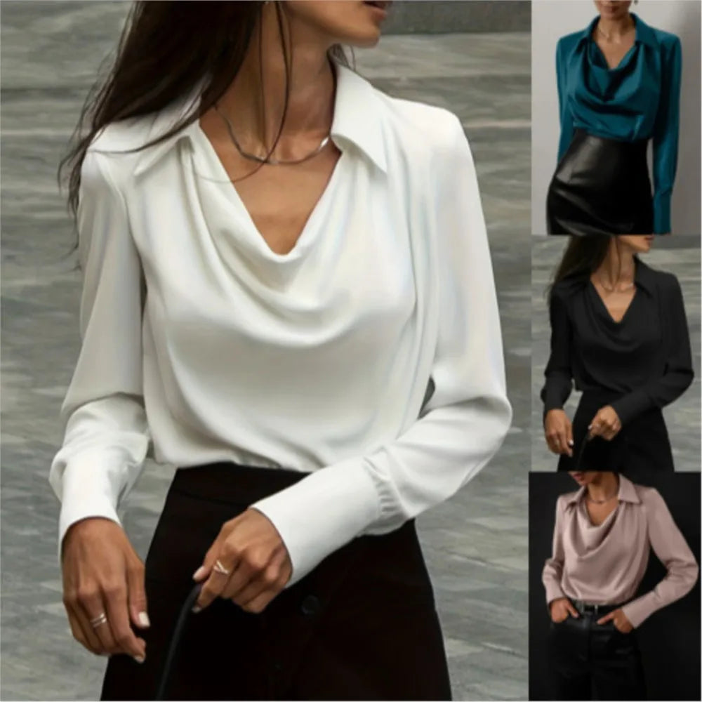 Winifred | Draped V Neck Collared Long Sleeve Silk Shirt - View 30
