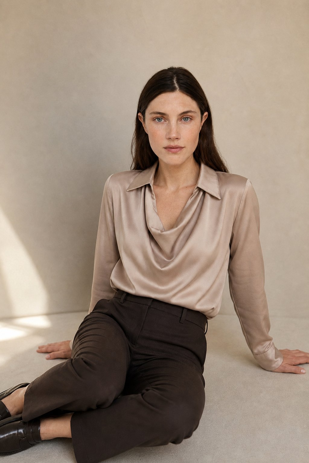 Winifred | Draped V Neck Collared Long Sleeve Silk Shirt - View 4