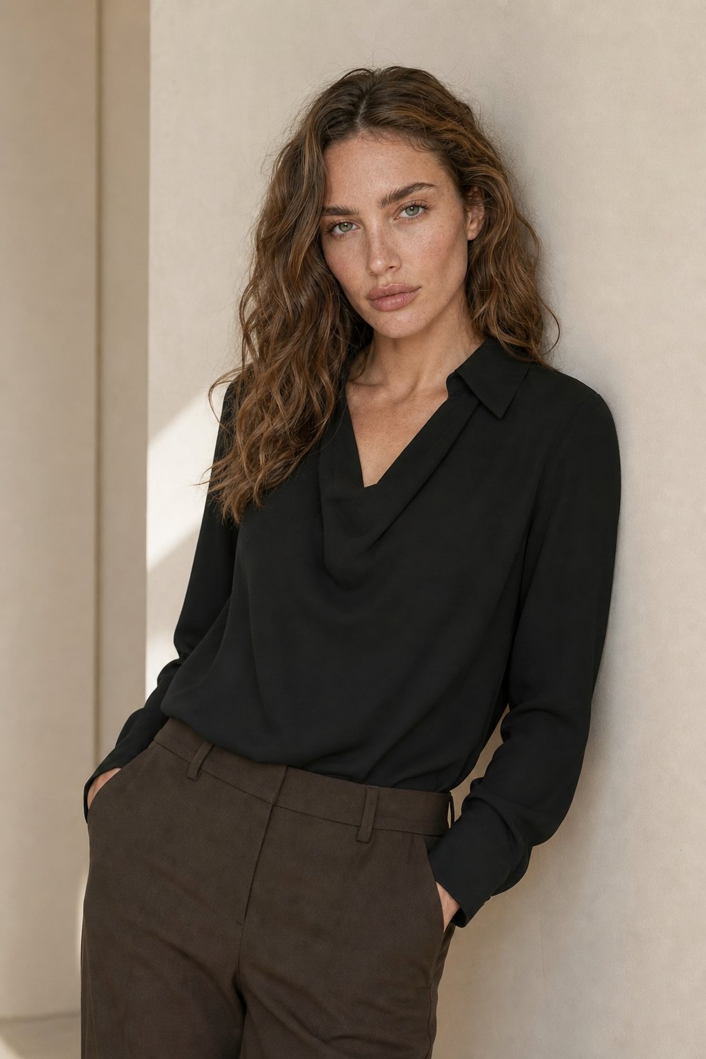 Winifred | Draped V Neck Collared Long Sleeve Silk Shirt - View 6
