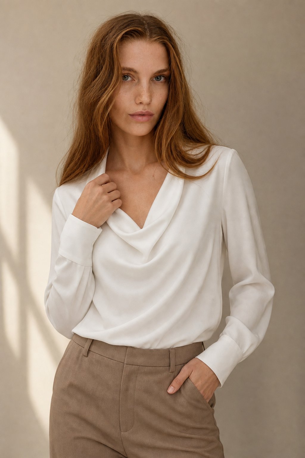 Winifred | Draped V Neck Collared Long Sleeve Silk Shirt - View 7