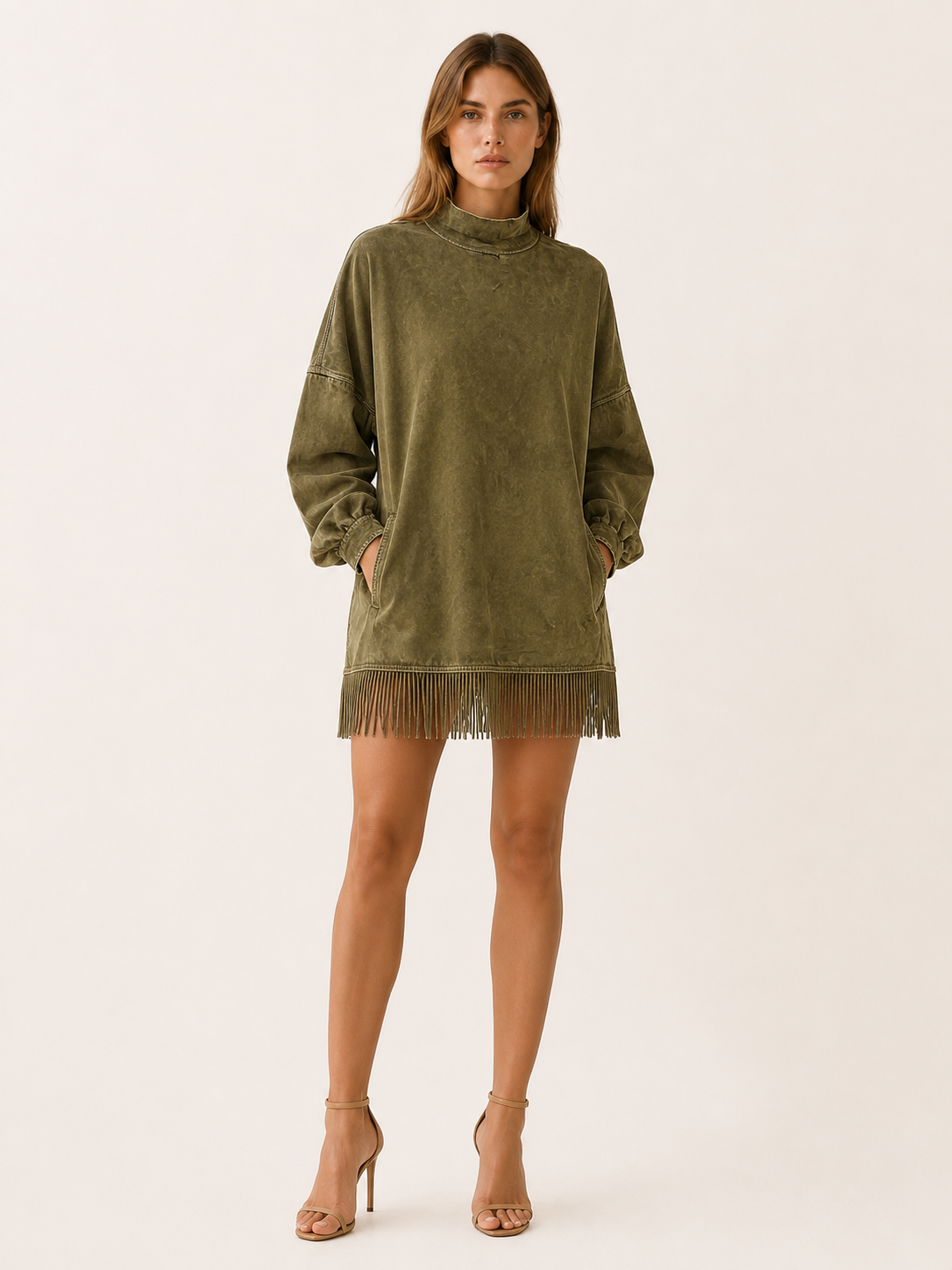 Wren | Fringe Hem Mock Neck Washed Oversized Mini Dress