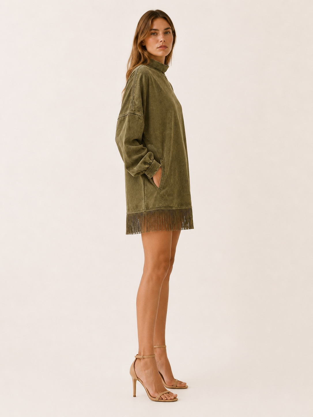 Wren | Fringe Hem Mock Neck Washed Oversized Mini Dress - View 2
