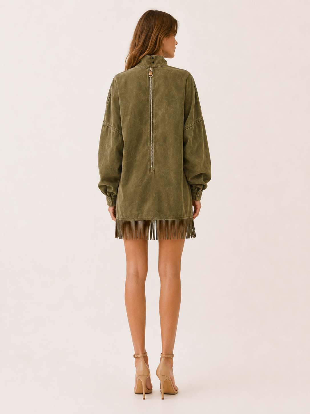 Wren | Fringe Hem Mock Neck Washed Oversized Mini Dress - View 3