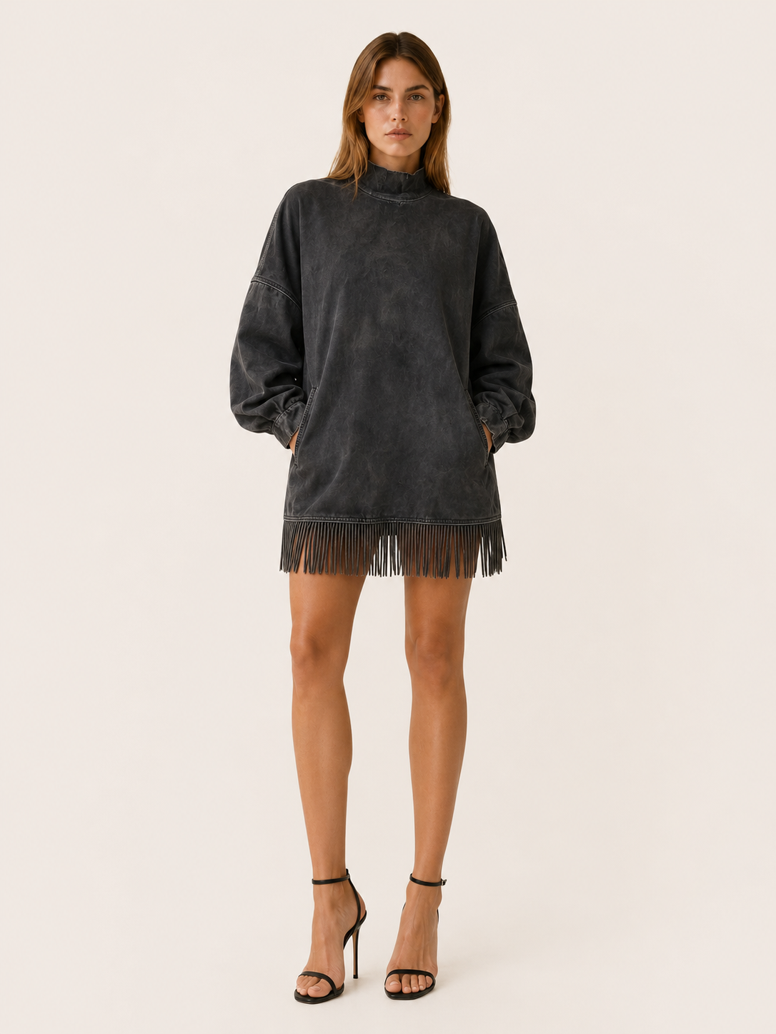 Wren | Fringe Hem Mock Neck Washed Oversized Mini Dress - View 6