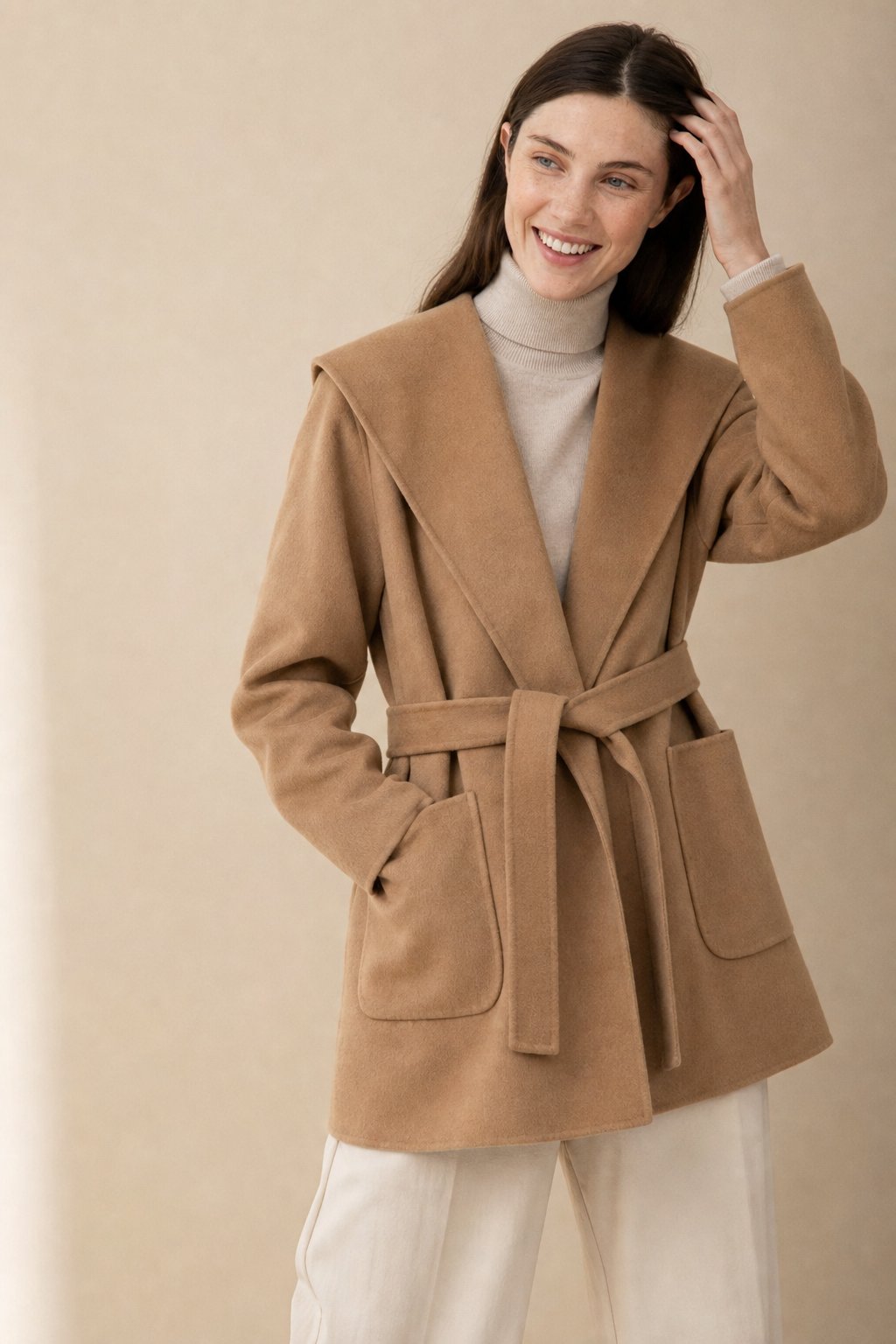 Xanthe | Belted Shawl Collar Camel Hair Patch Pocket Coat