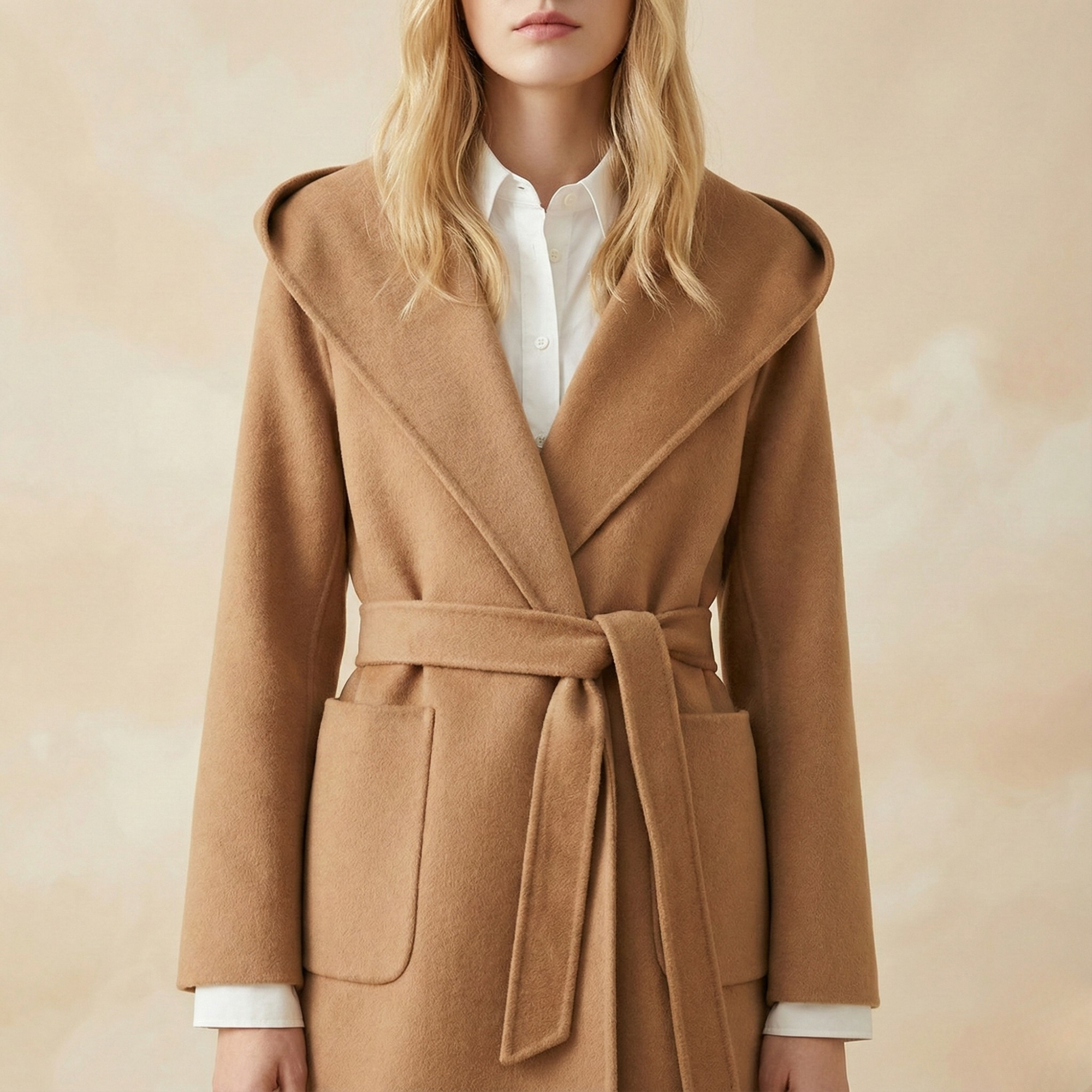 Xanthe | Belted Shawl Collar Camel Hair Patch Pocket Coat - View 12