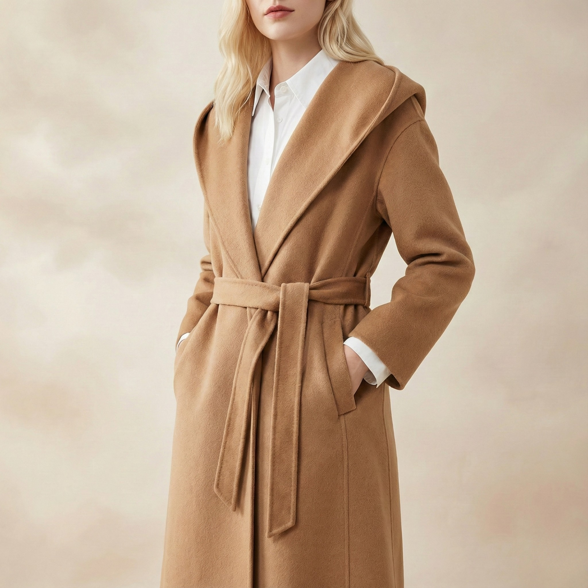 Xanthe | Belted Shawl Collar Camel Hair Patch Pocket Coat - View 13