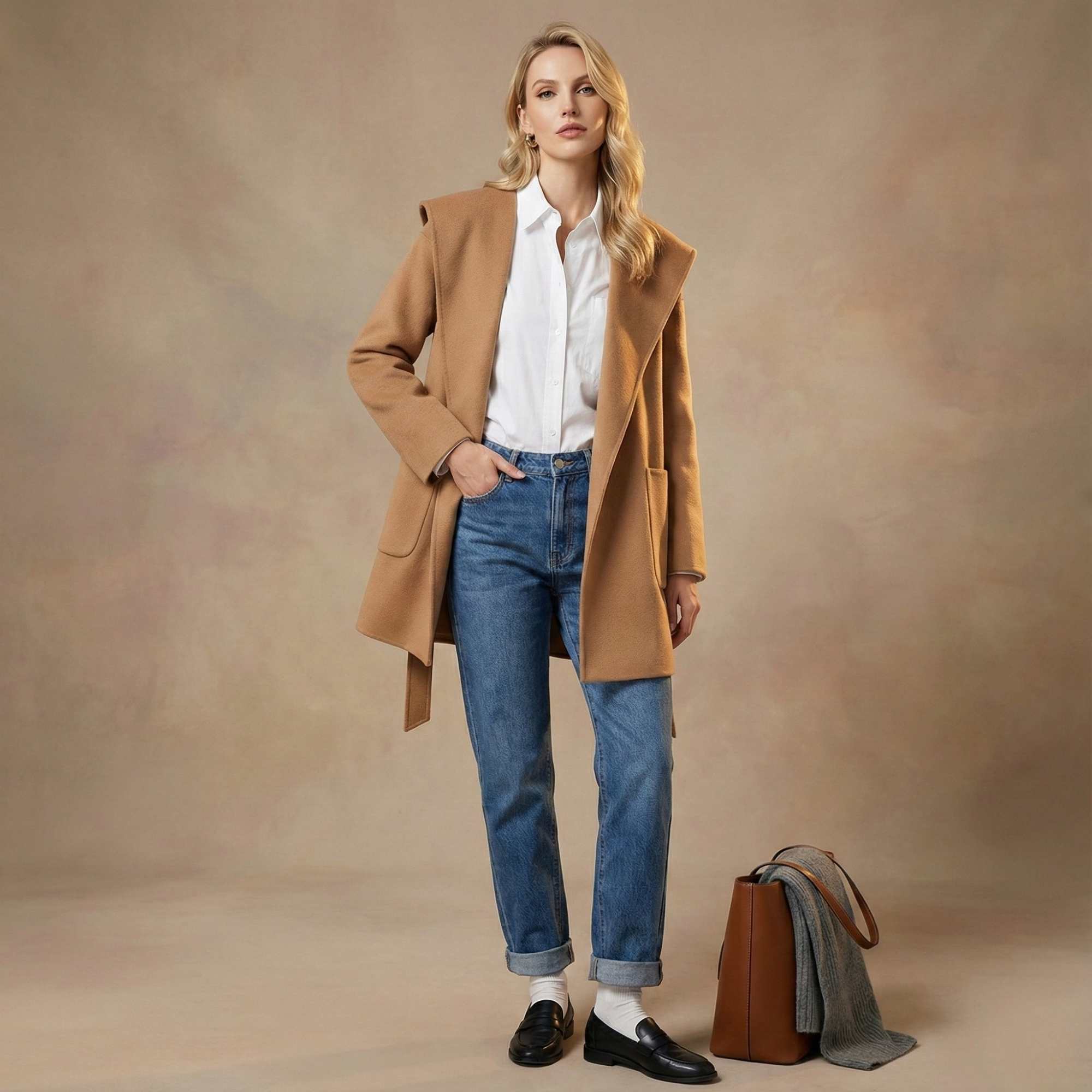 Xanthe | Belted Shawl Collar Camel Hair Patch Pocket Coat - View 14