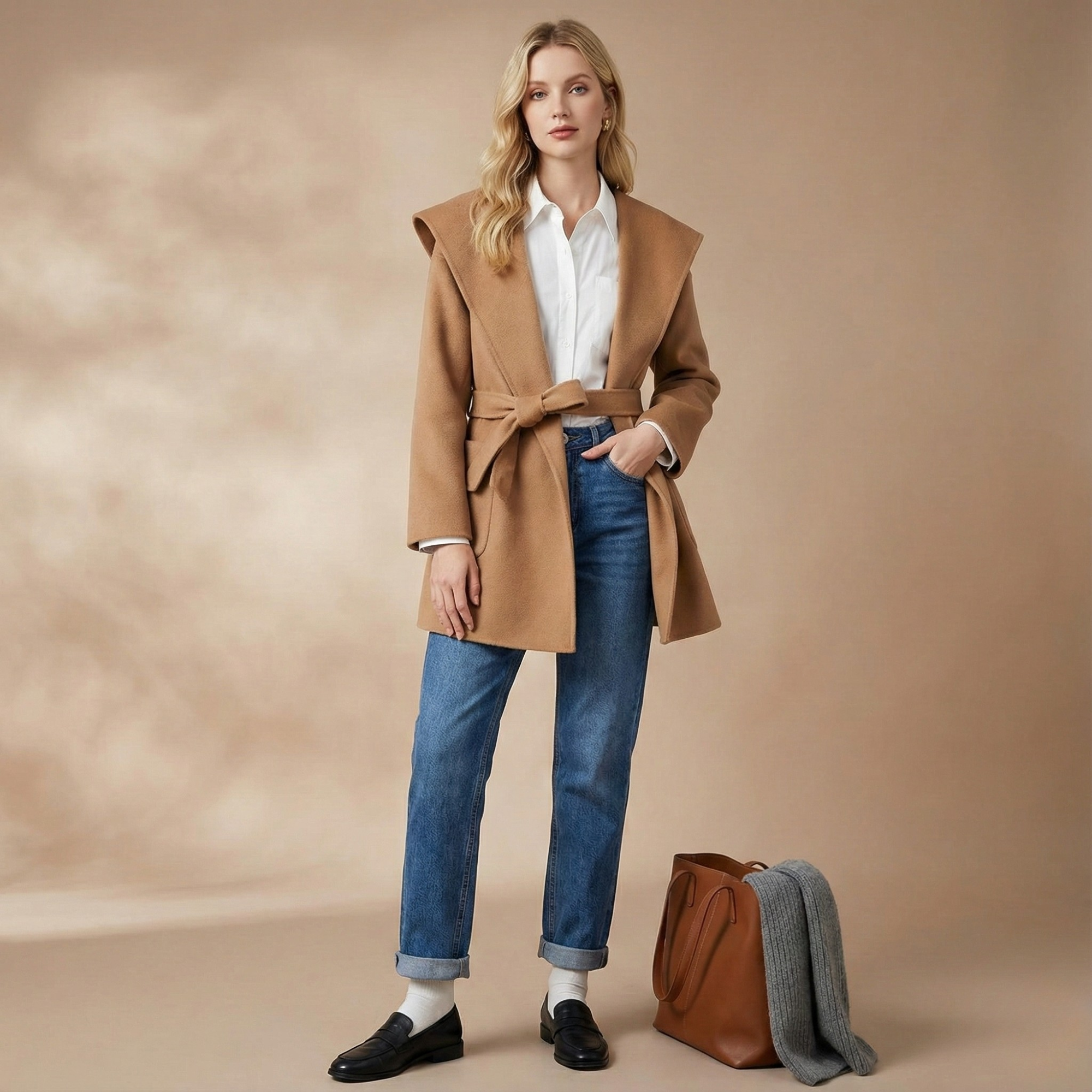 Xanthe | Belted Shawl Collar Camel Hair Patch Pocket Coat - View 15