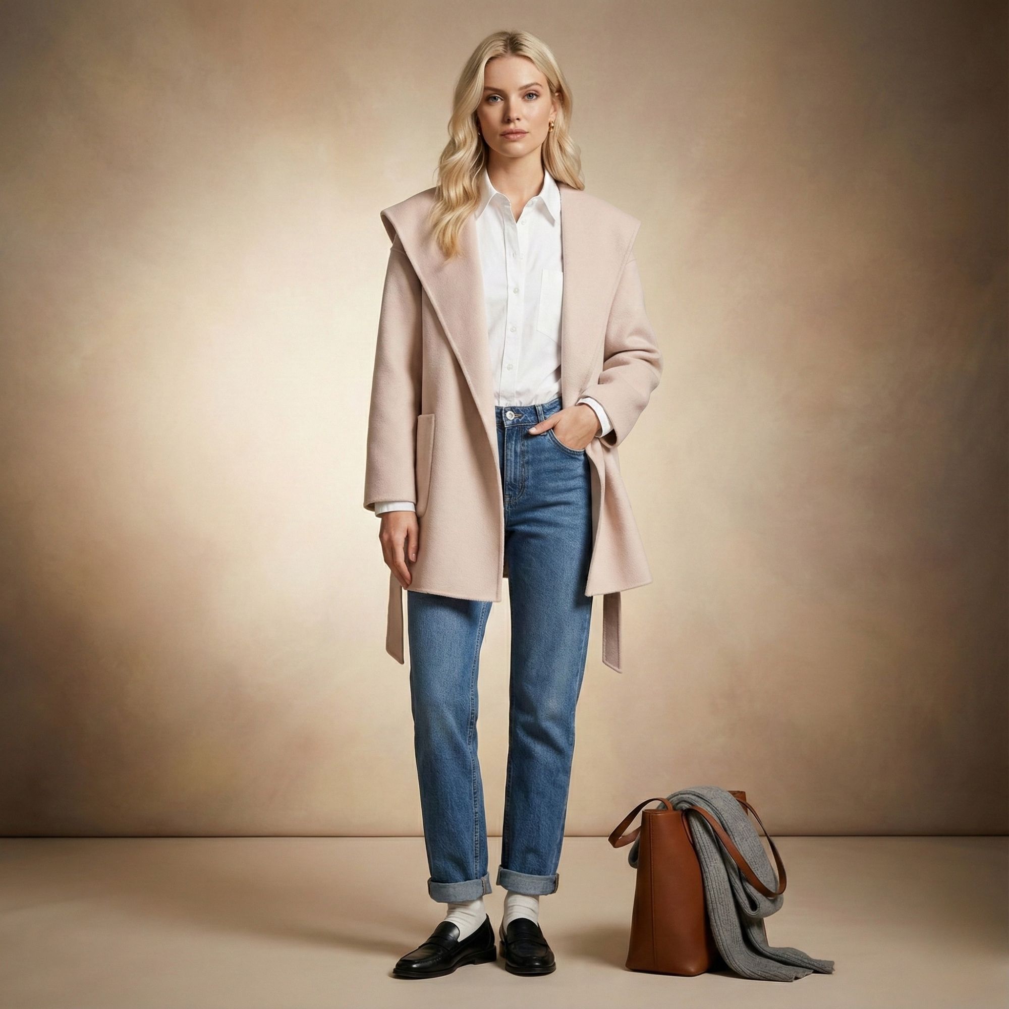 Xanthe | Belted Shawl Collar Camel Hair Patch Pocket Coat - View 17