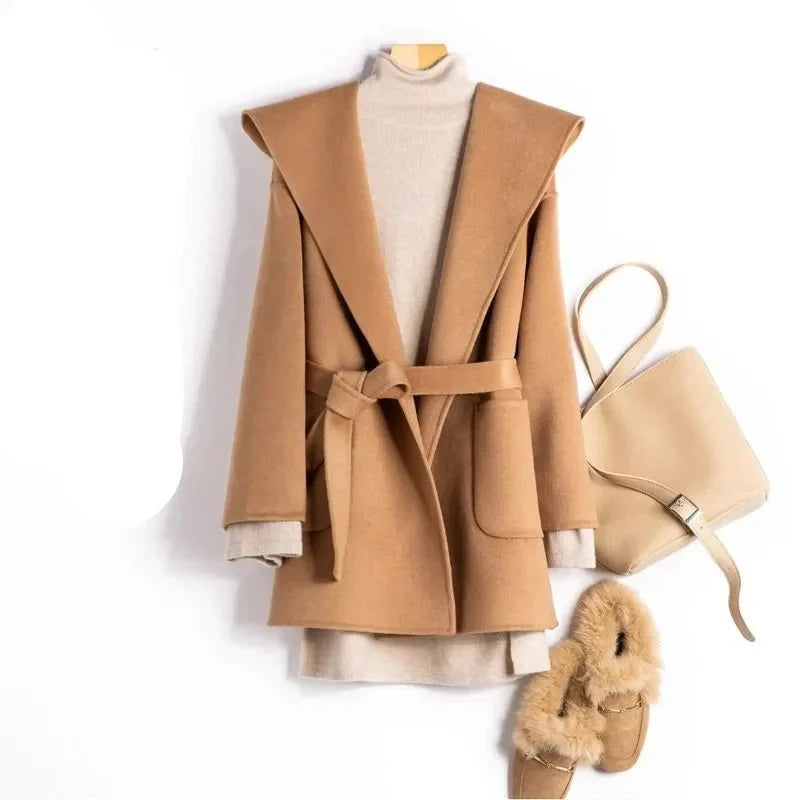 Xanthe | Belted Shawl Collar Camel Hair Patch Pocket Coat - View 18