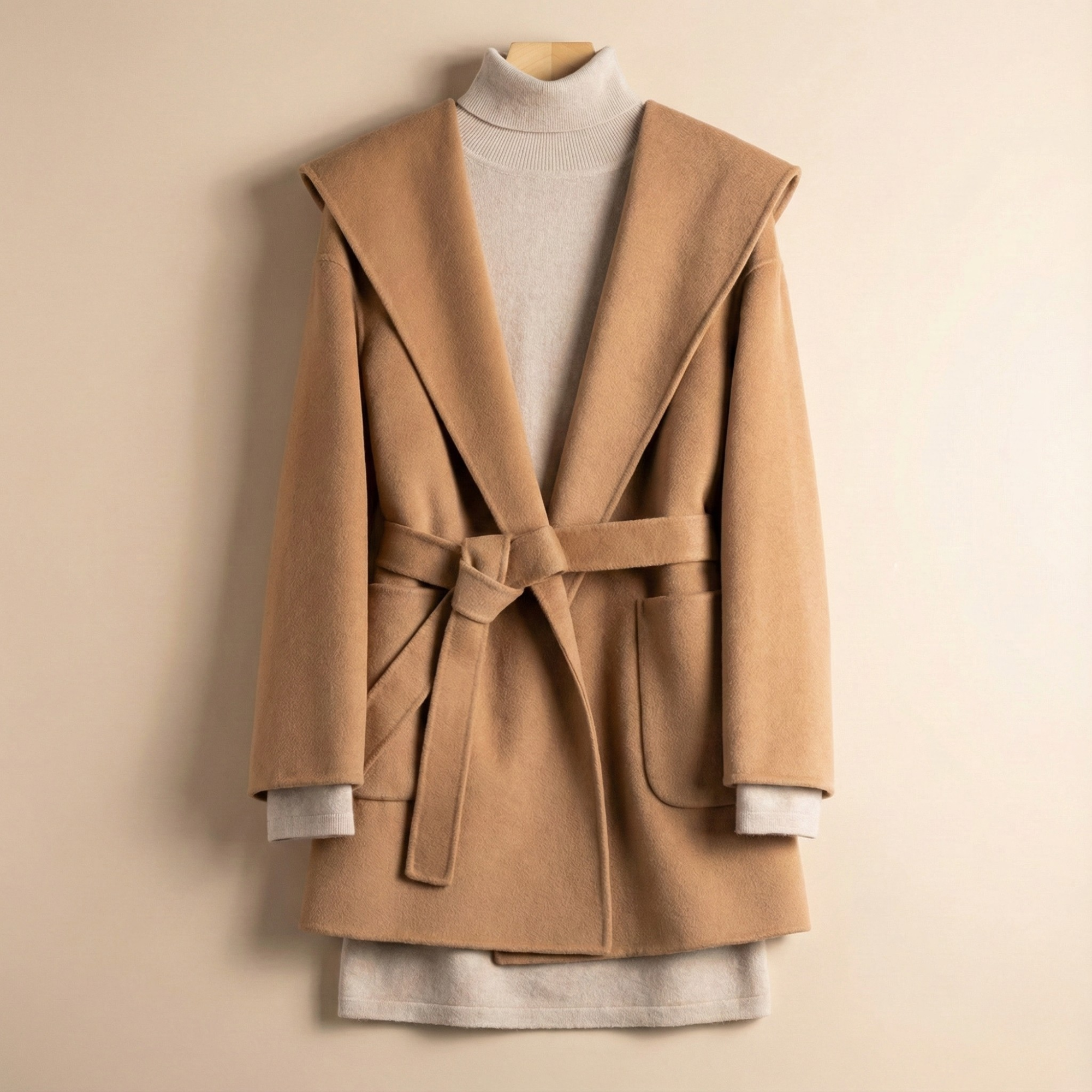 Xanthe | Belted Shawl Collar Camel Hair Patch Pocket Coat - View 9