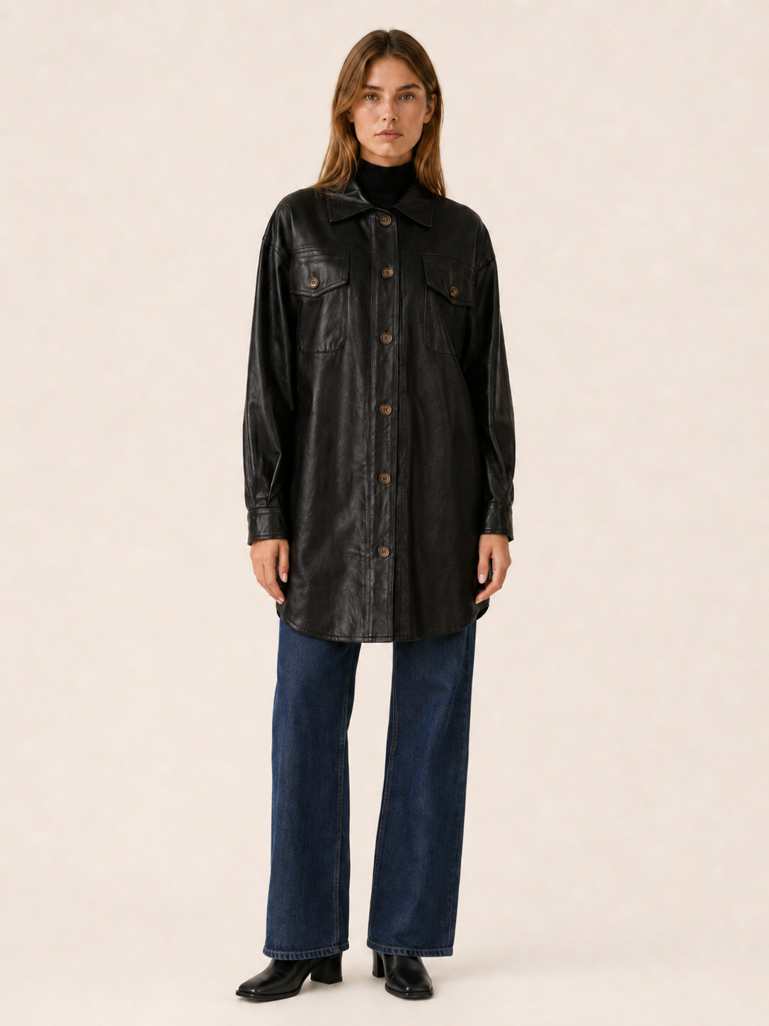 Xiomara | Longline Faux Leather Chest Pocket Shirt Jacket