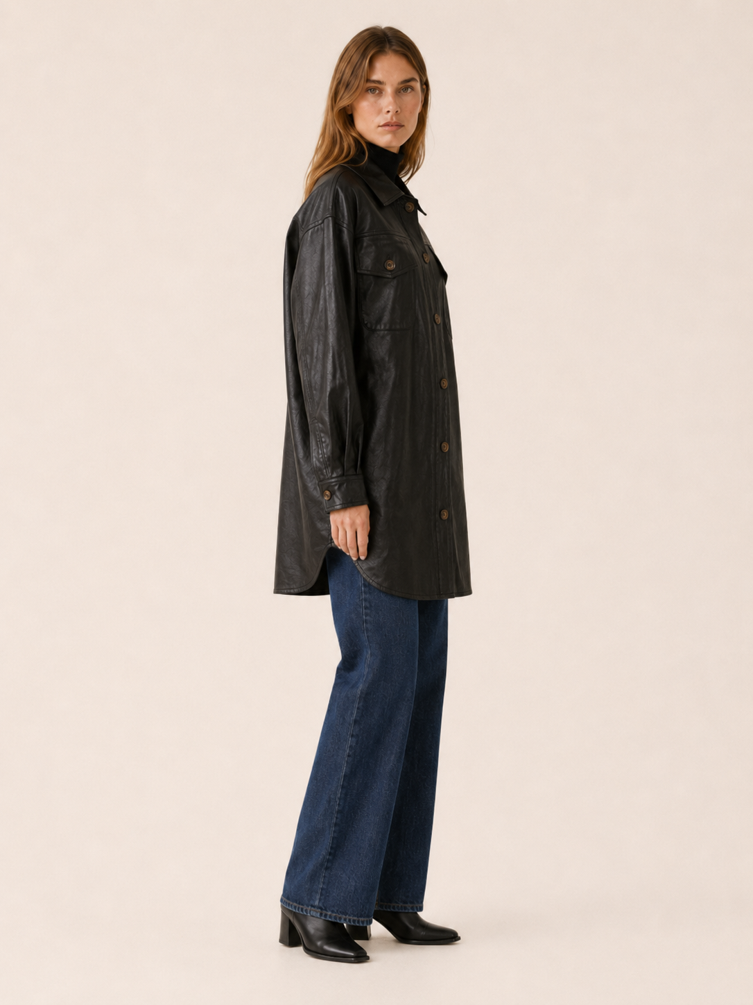 Xiomara | Longline Faux Leather Chest Pocket Shirt Jacket - View 2