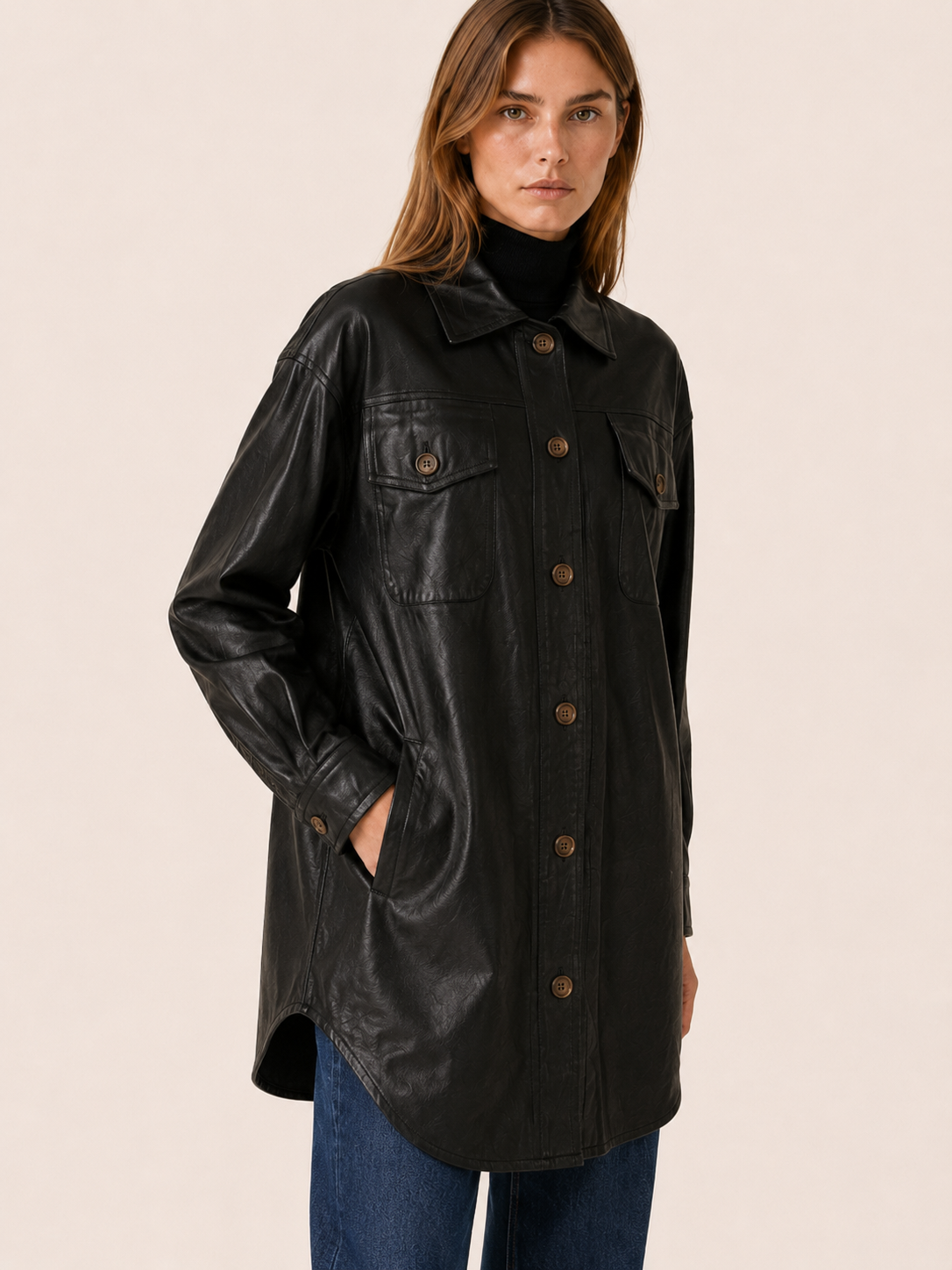Xiomara | Longline Faux Leather Chest Pocket Shirt Jacket - View 3