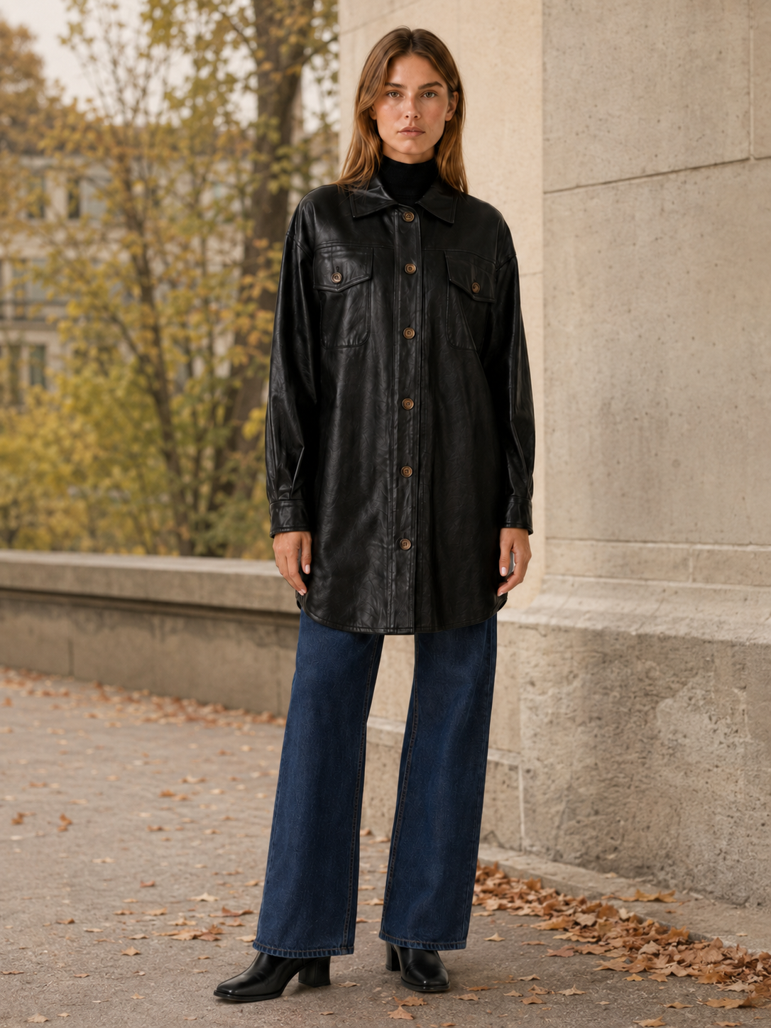 Xiomara | Longline Faux Leather Chest Pocket Shirt Jacket - View 4