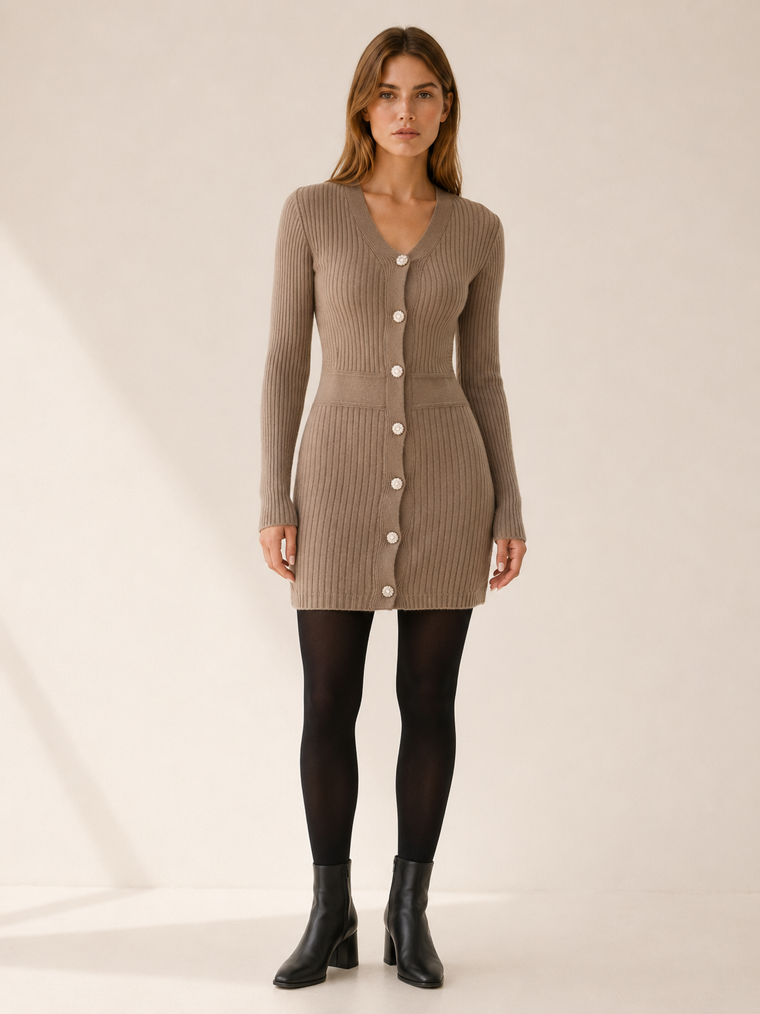 Yara | Pearl Button Front Ribbed V Neck Knit Mini Dress