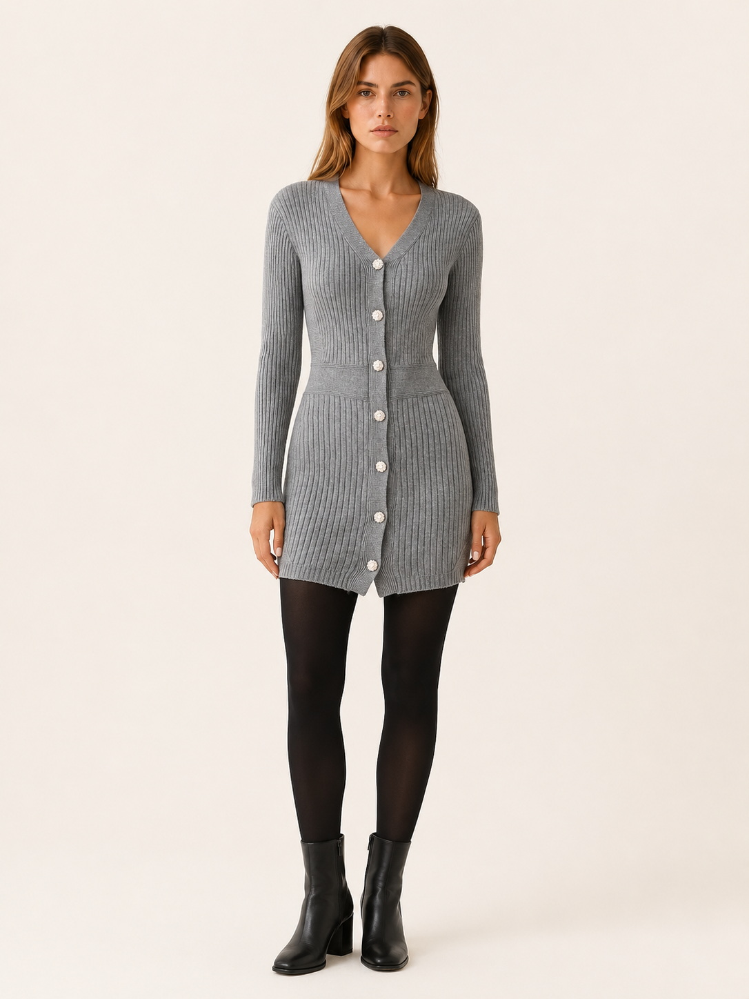 Yara | Pearl Button Front Ribbed V Neck Knit Mini Dress - View 6