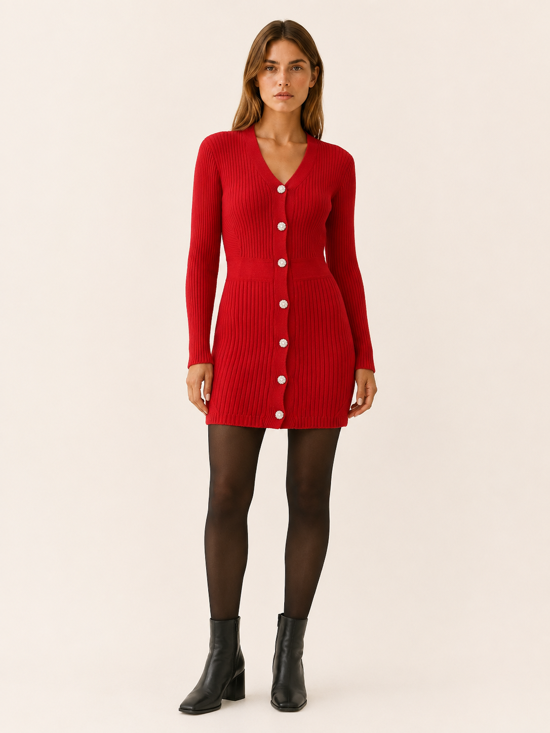 Yara | Pearl Button Front Ribbed V Neck Knit Mini Dress - View 7