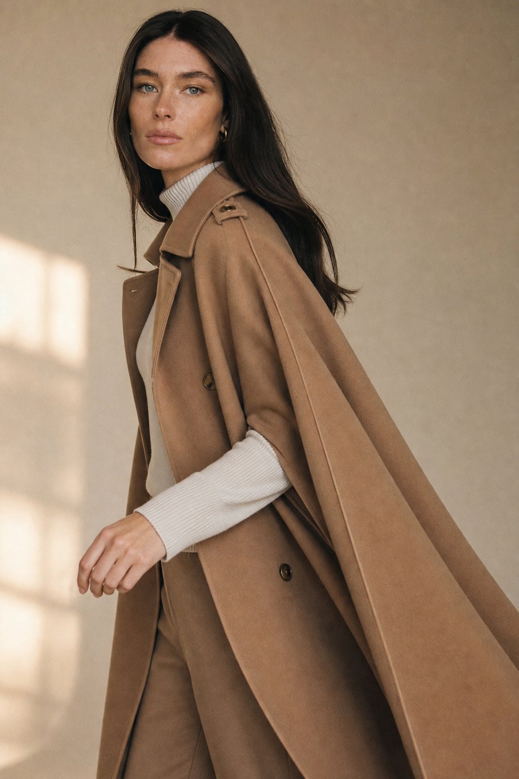 Yvette | Long Epaulette Double Breasted Wool Cape Coat